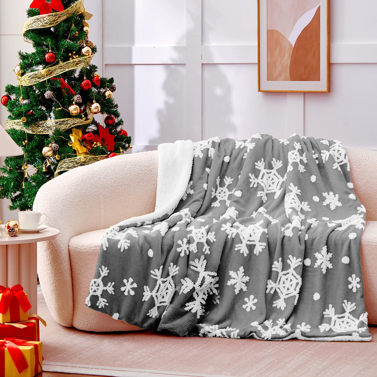 Sherpa Throw Blanket for Couch - Grey Blanket, Snowflakes Pattern, Warm Winter Cabin Throw, Premium Microfiber & Soft Touch, Plush & Fluffy, Warm & Cozy for Sofa and Bed, 50"x60", Grey