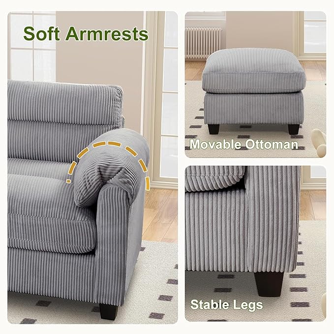 HAOMARKETS Corduroy Sofa Set, Upholstered Ottoman, Modern Loveseat and and