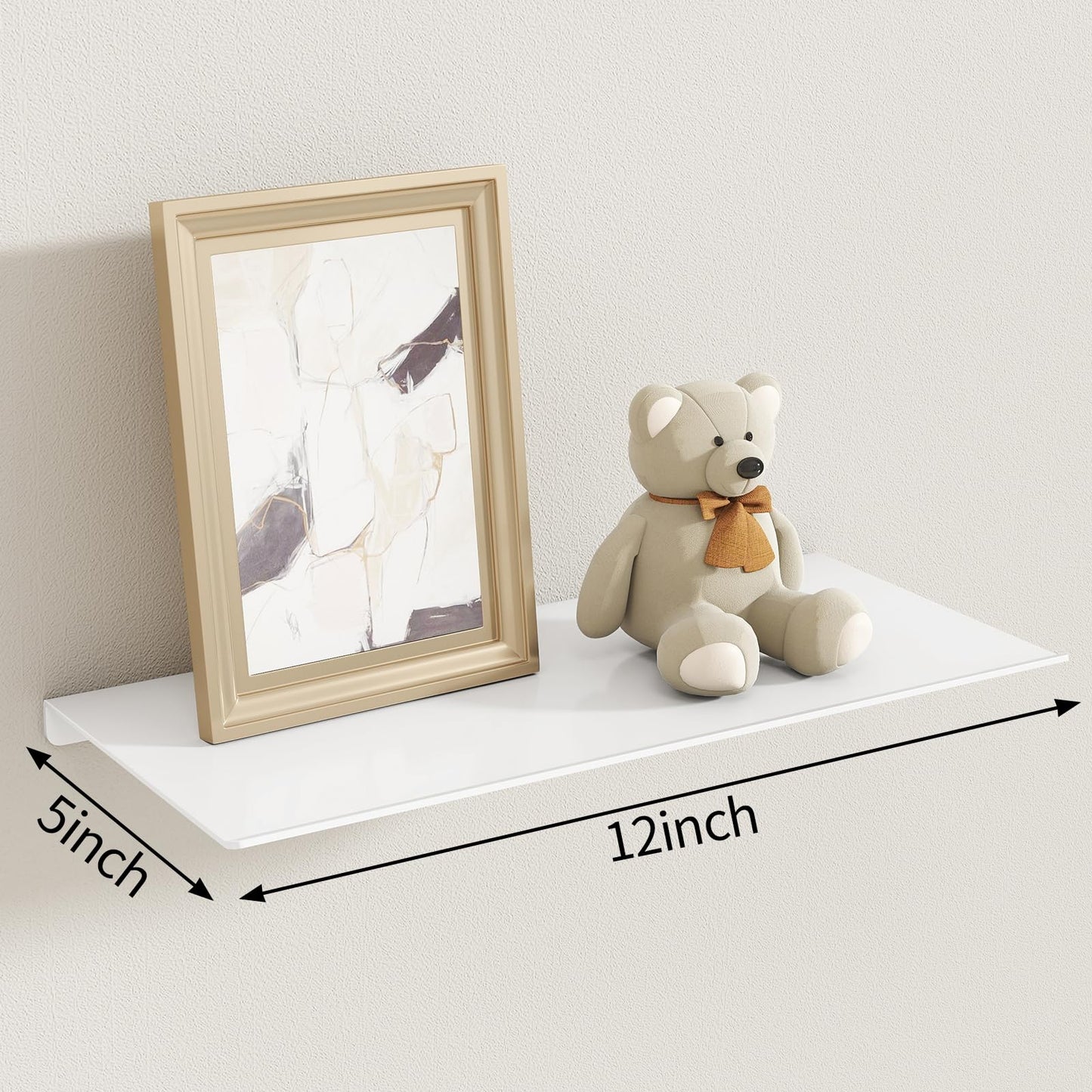 MKO 12" Floating Shelves for Wall, Small Metal Wall Mounted Shelf for Bathroom, Bedroom, Living Room, Kitchen, Little Hanging Shelves for Books/Storage/Room Decor 2 Packs, White