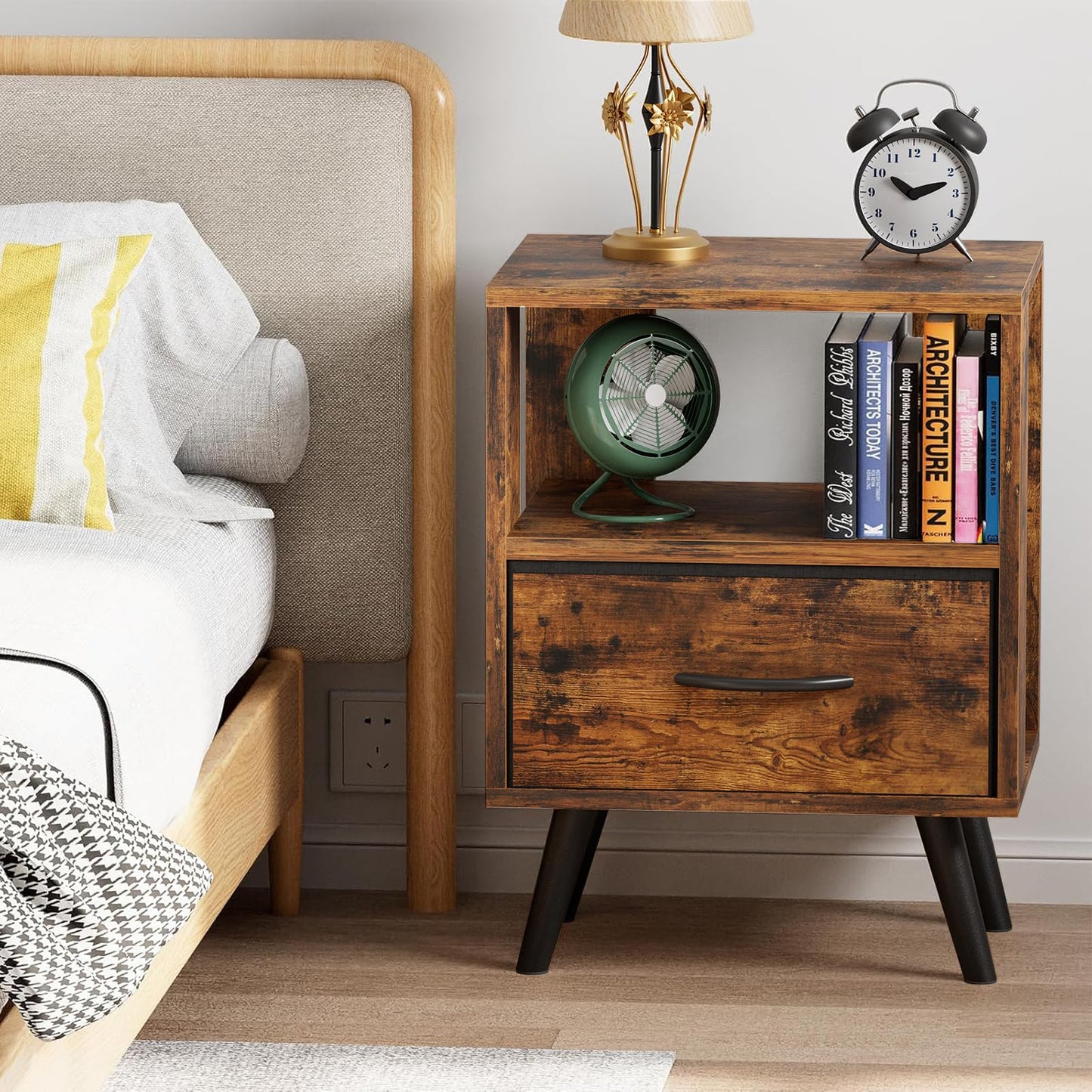 Aenuert Night Stand, Brown Nightstand with Drawer, Side Table with Open Storage, 2-Tier Modern End Table, Bedside Table for Small Space, Living Room, Bedroom