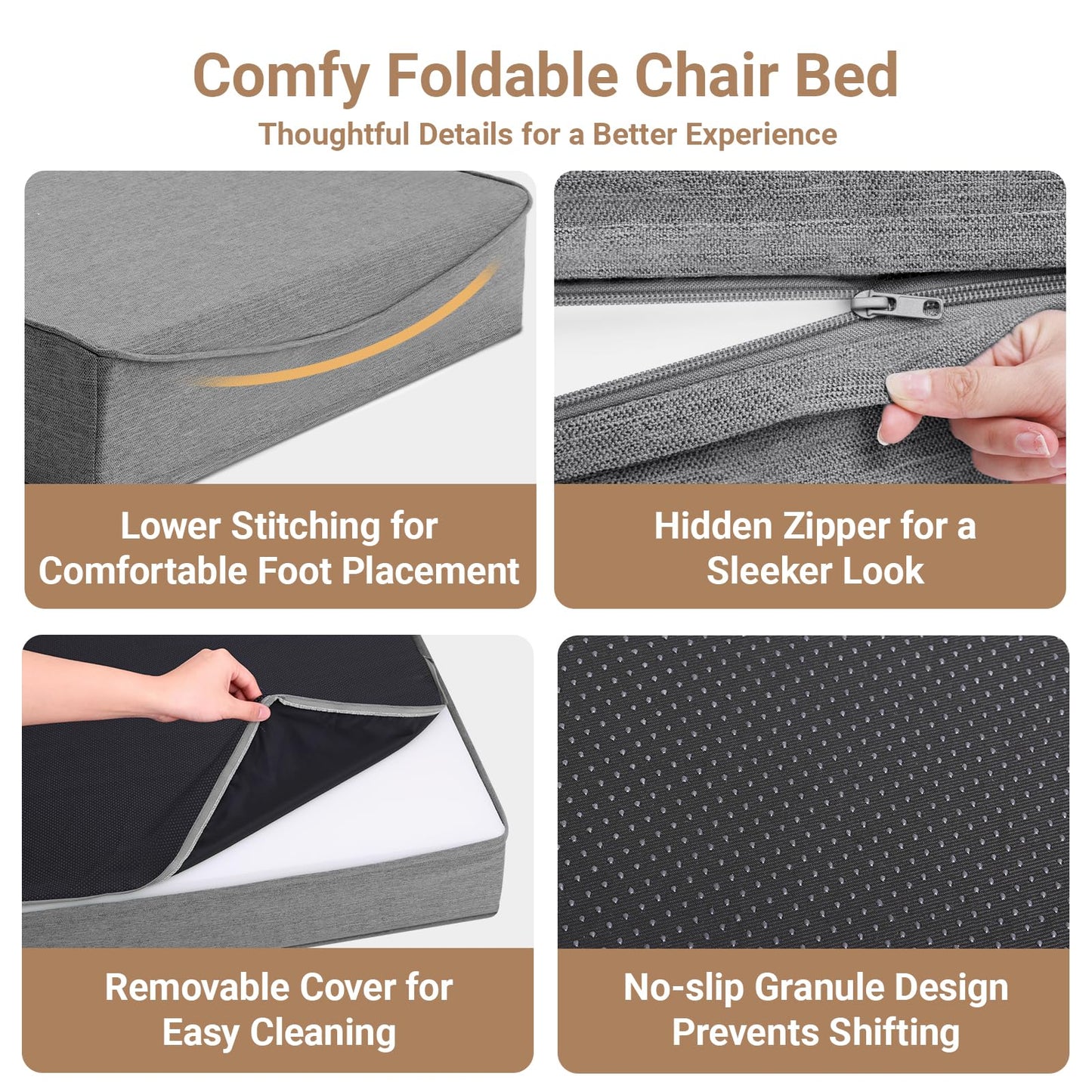 BeBen Folding Sofa Bed Chair, Convertible Sleeper Chair Futon Couch, Foldable Boneless Floor Lounge Sofa, Single Foam Chair Bed for Small Spaces, Dorm, Guest Room, Living Room, Apartment, Dark Grey