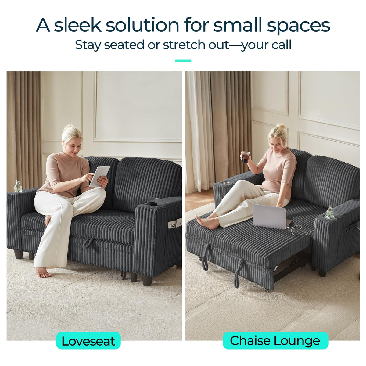 LINSY HOME Sectional Sleeper Sofa Pull Out Couches for Living Room (Grey, Pull Out Couch) | Pull Out Sofa Bed, Storage, USB Charging, Cup Holders, Plush Corduroy