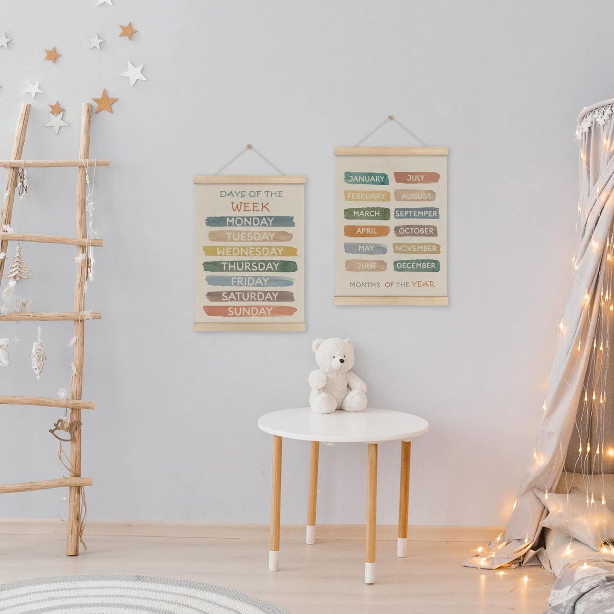 HRQKO Boho Week Month Decor Poster Hanger Frame Set of 2, Educational Posters,Preschool Wall Art with Wooden Frames, Boho Classroom Wall Hanging Banner Decor for Toddlers Room Playroom, 12x16 Inch
