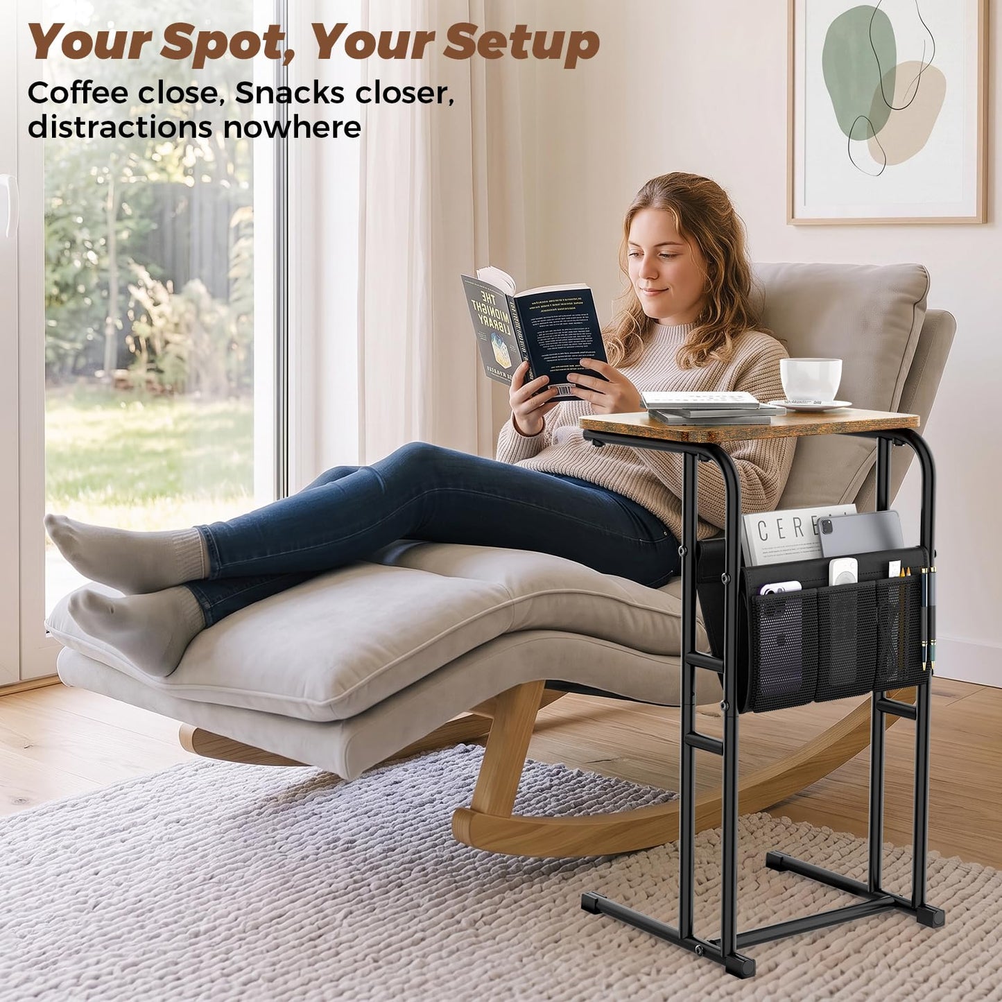 Olldide C-Shaped End Table with Storage Bag, Slide Under Couch Sofa Side Table, Metal Frame for Living Room, Bedroom, Bedside, Small Space (Rustic Brown)