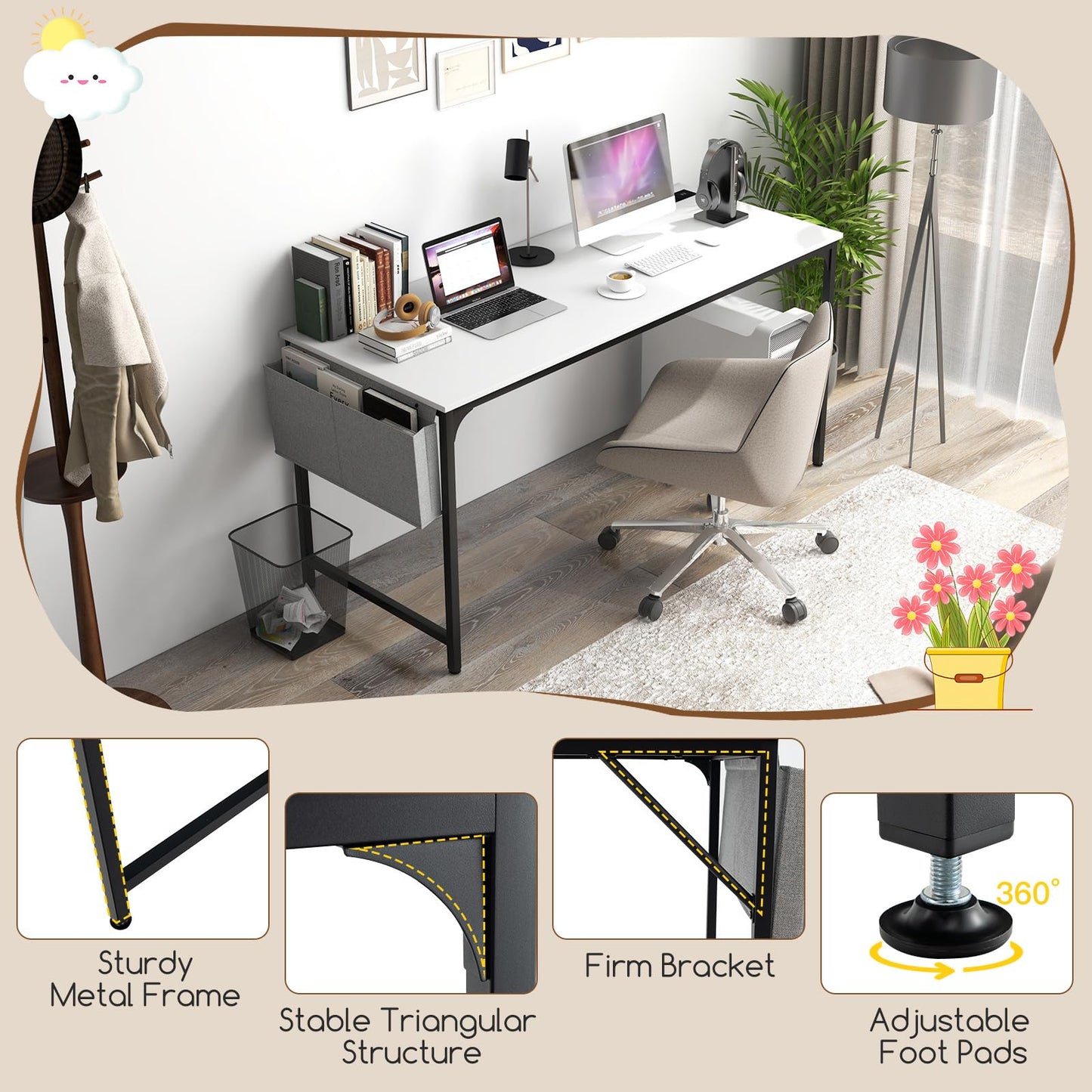Tangkula 60" Conference Desk Set of 6, Modern Boardroom Desk with Storage Bag, Headphone Hook, Sturdy Metal Frame, Rectangular Seminar Table with Charging Station