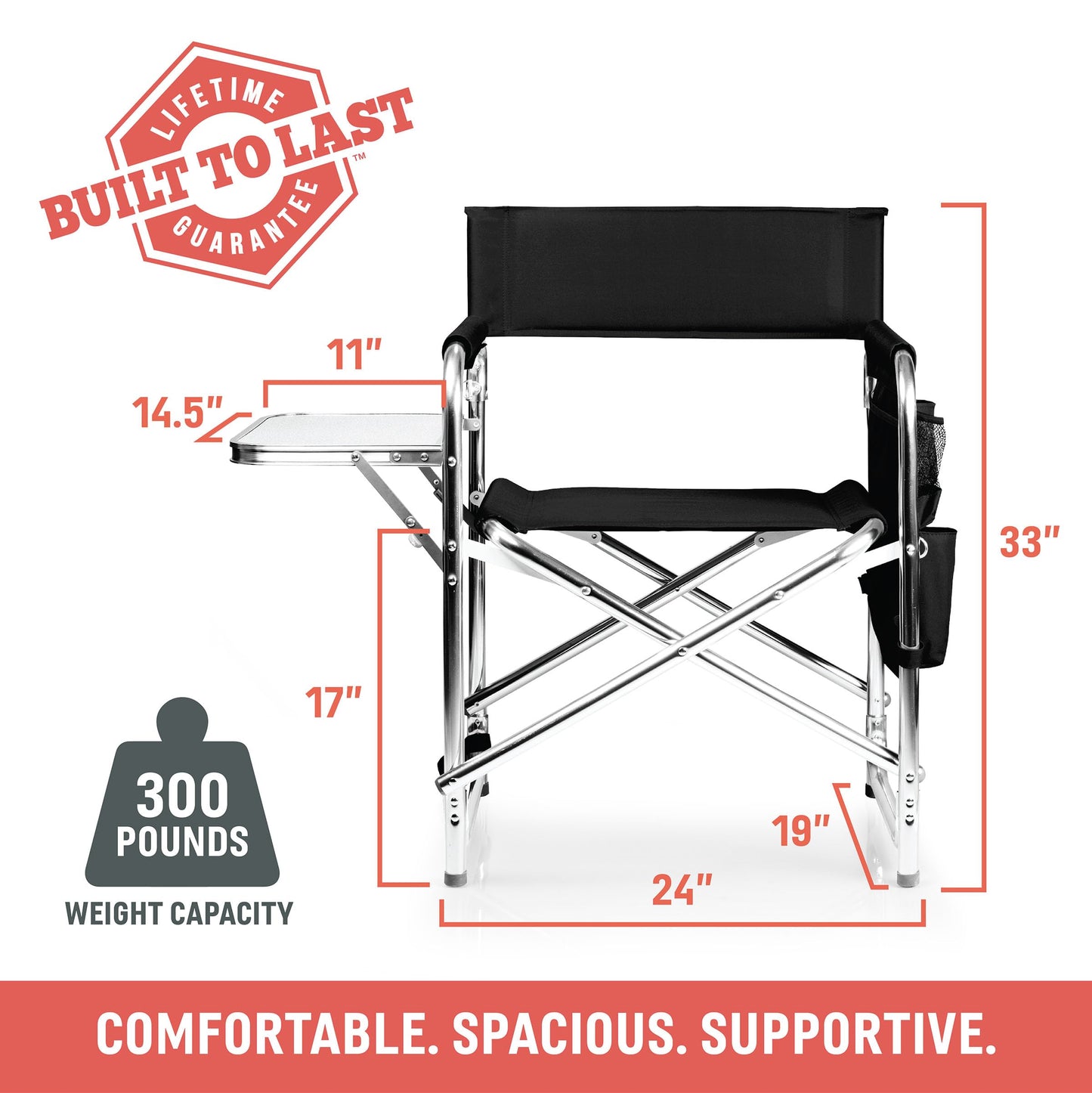 PICNIC TIME Sports Chair with Side Table and Armrest Caddy, Lightweight Aluminum Folding Outdoor Camping Chair for Adults, Portable Director Style Lawn Seating with Pockets & Carry Strap, (Navy Blue)