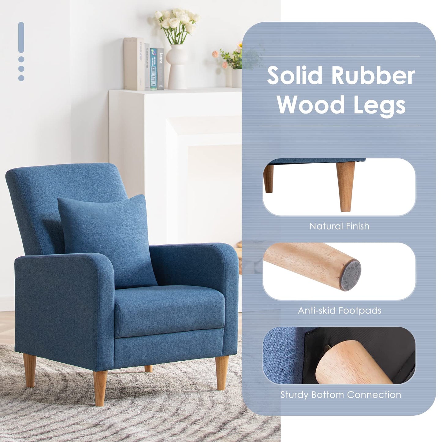 COLAMY Modern Upholstered Accent Chair Armchair with Pillow, Fabric Reading Living Room Side Chair,Single Sofa with Lounge Seat and Wood Legs, Blue