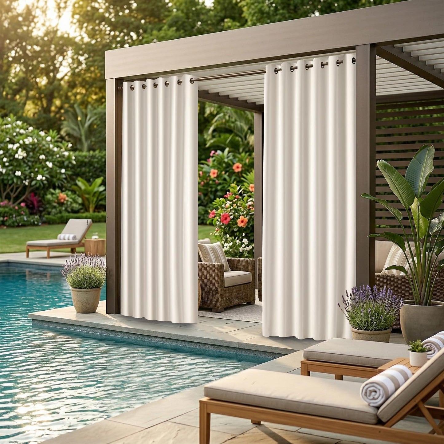DIVA EN CAMINO DEC Outdoor Patio Curtain Waterproof Darkening Thermal Insulated Indoor Curtains for Bedroom, Porch, Living Room, Pergola, Cabana, W84 x L95, Cream, Set of 2 Panels