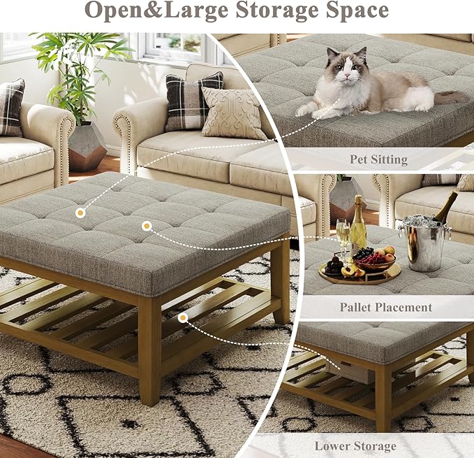 Befurtori Large Square Ottoman Coffee Table, Linen Solid Upholstered Footrest