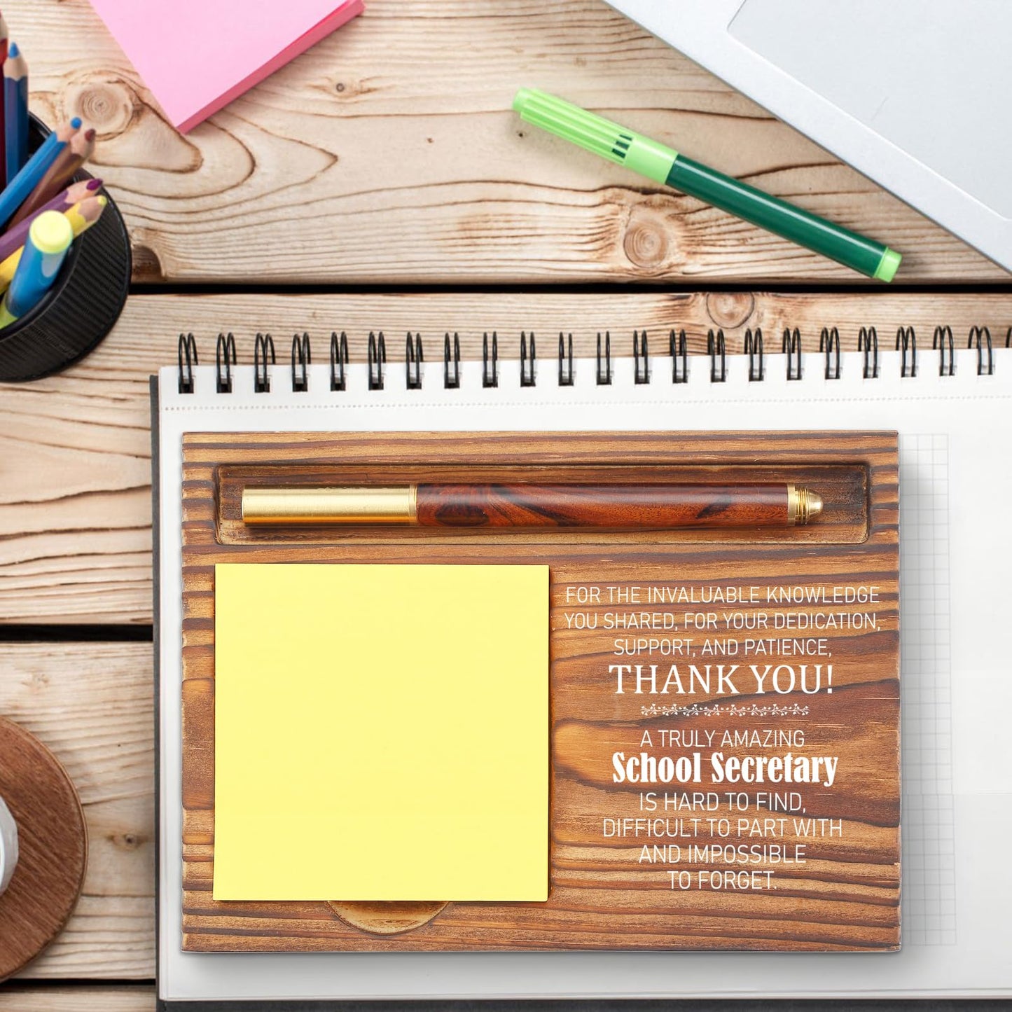 School Secretary Appreciation Gift, Office Desk Organizer, Thank You Sticky Note Holder for Administrative Assistants, School Receptionists, Front Office Staff Recognition Gift TZP90