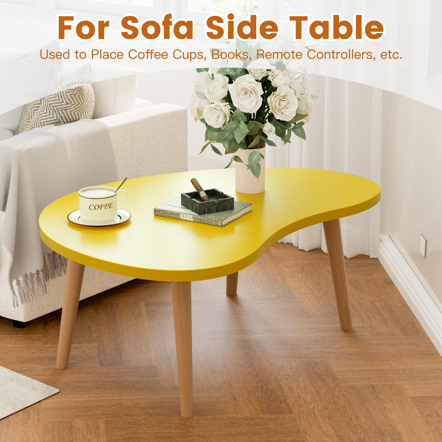 Small Coffee Table, Low Table with Solid Wood Legs, 23.6" Mini Mango Accent Table Side End Table, Floor Table Desk for Sitting on The Floor, Coffee Tea Table for Living Room, Dorm, Apartment, Yellow