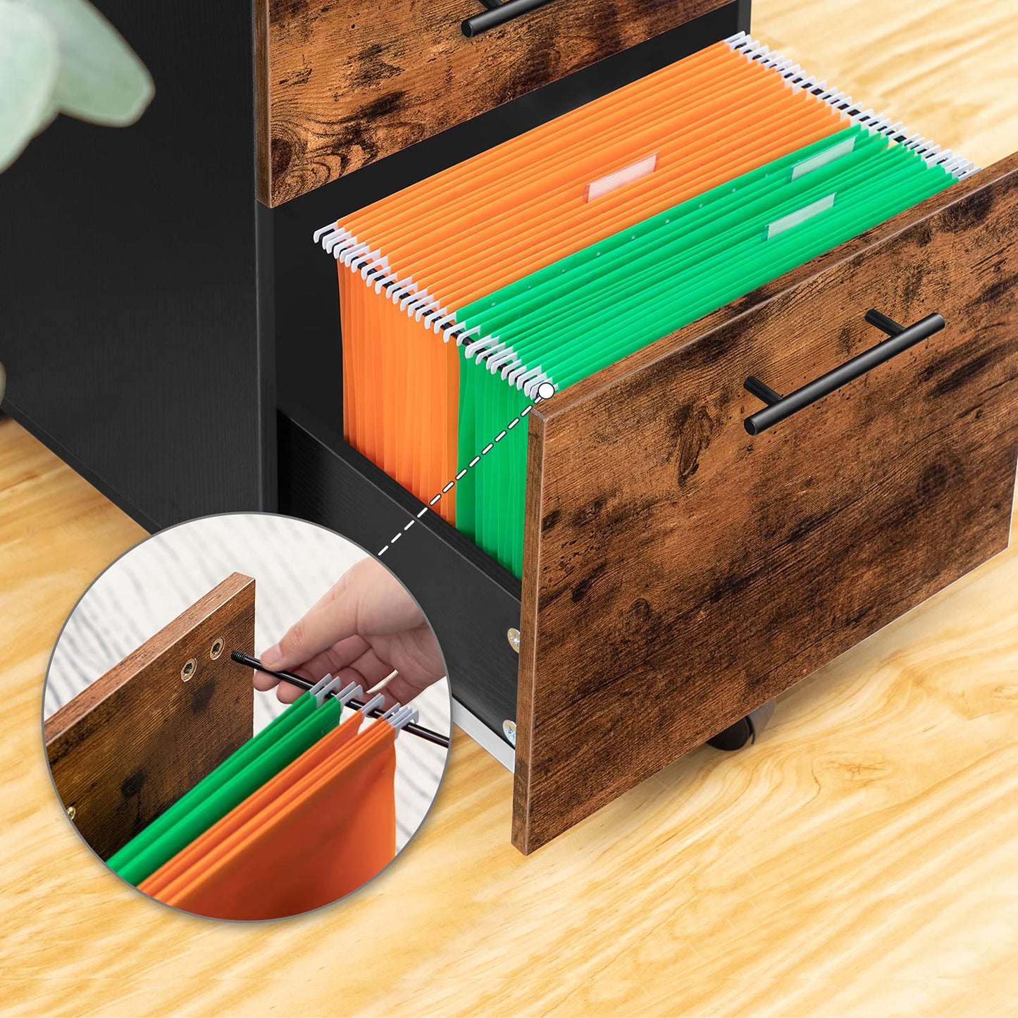 HOOBRO 3-Drawer File Cabinet, Wooden Under Desk Filing Cabinet, fits A4/Letter Size for Home Office, Small Rolling Storage Drawer Chest, Printer Stand with Drawers, Rustic Brown and Black BF02WJ01G1