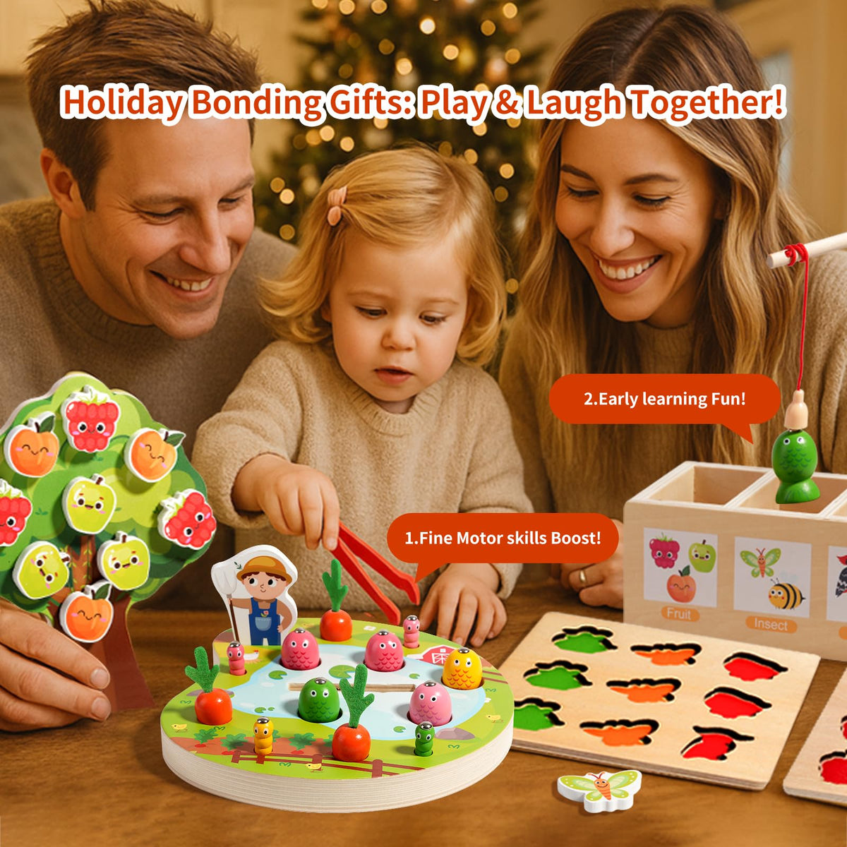 INIFEIDALA Montessori Toys for 3 4 5 Year Olds | Birthday Gifts for Boys & Girls, Wooden Educational Toddler Toys, Shape Sorting, Carrot Harvest & Magnetic Fishing Game – Fine Motor Skills Development