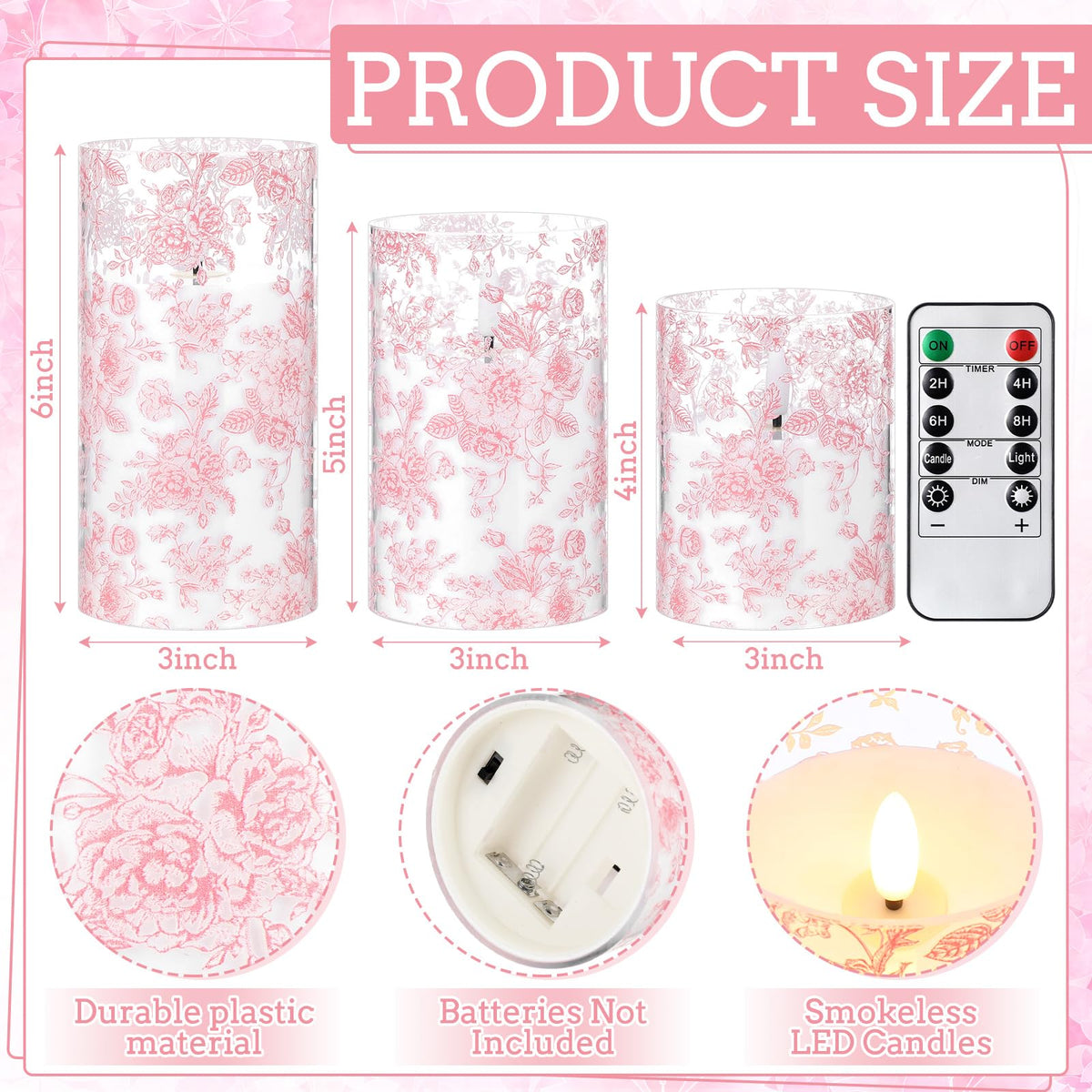 Lewtemi 3 Pcs Flameless Candles with Remote Pink Flower Flickering LED Candles Electric Pillar Candle for Wedding Dinner Christmas Holiday Decor (3 x 4" 5" 6" )