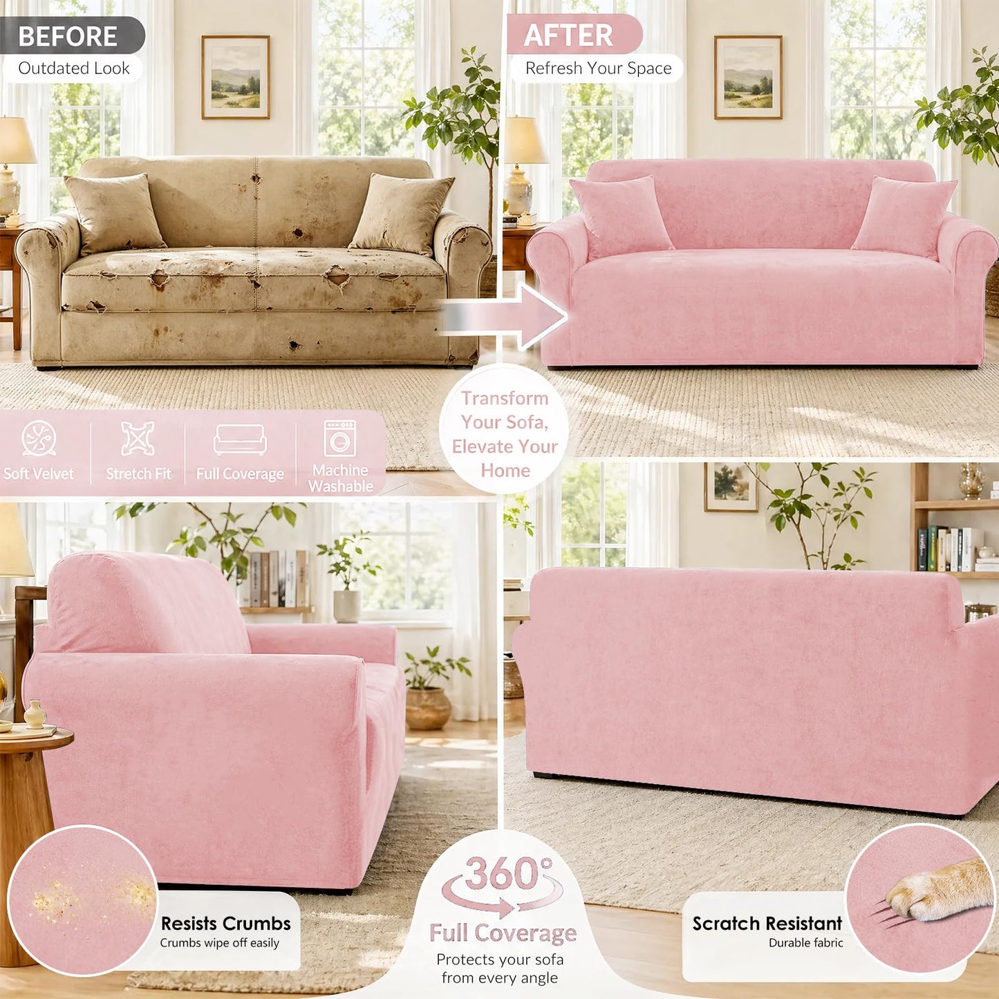 YEMYHOM Real Velvet Couch Covers for 2 Cushion Couch High Stretch 1 Piece Loveseat Slipcover for Pets Dogs Anti Slip Love Seat Sofa Slipcover Furniture Protector (55"-69", Dusty Pink)