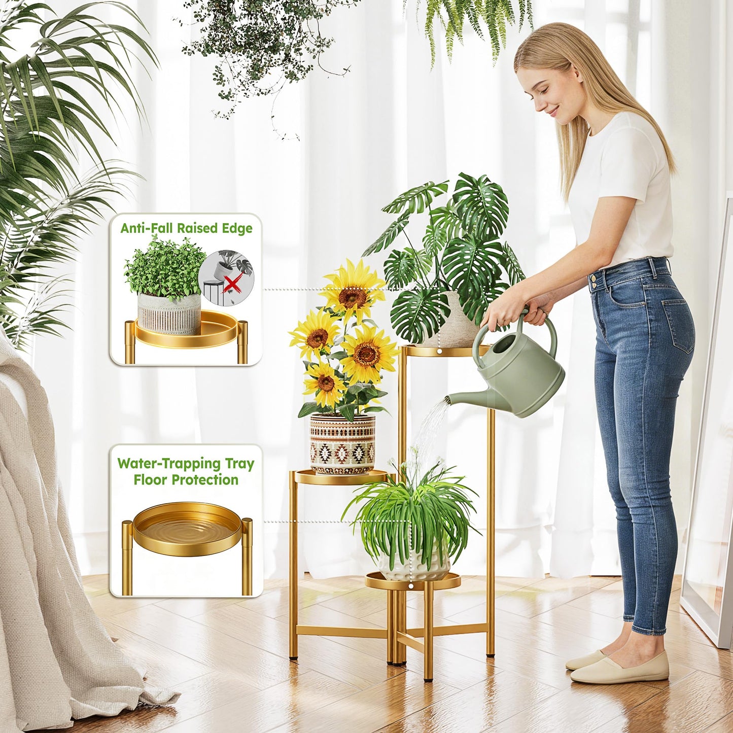 NQW 3 Tiered Plant Stand Indoor for Multiple Large Planter, Tall Heavy Duty Adjustable Folding Rack with Rustproof 7.9 Inch Wide Tray, Gold Plant Shelf for Corner Living Room - GoldDisk