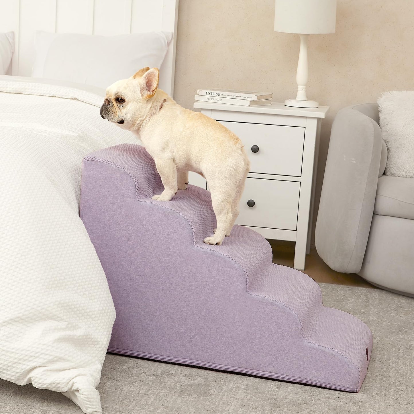 EHEYCIGA Curved Dog Stairs Ramp for High Beds 22.6" H, 5-Step Dog Steps for Small Dogs and Cats, Pet Stairs for High Bed Climbing, Non-Slip Balanced Pet Step Indoor, Lilac