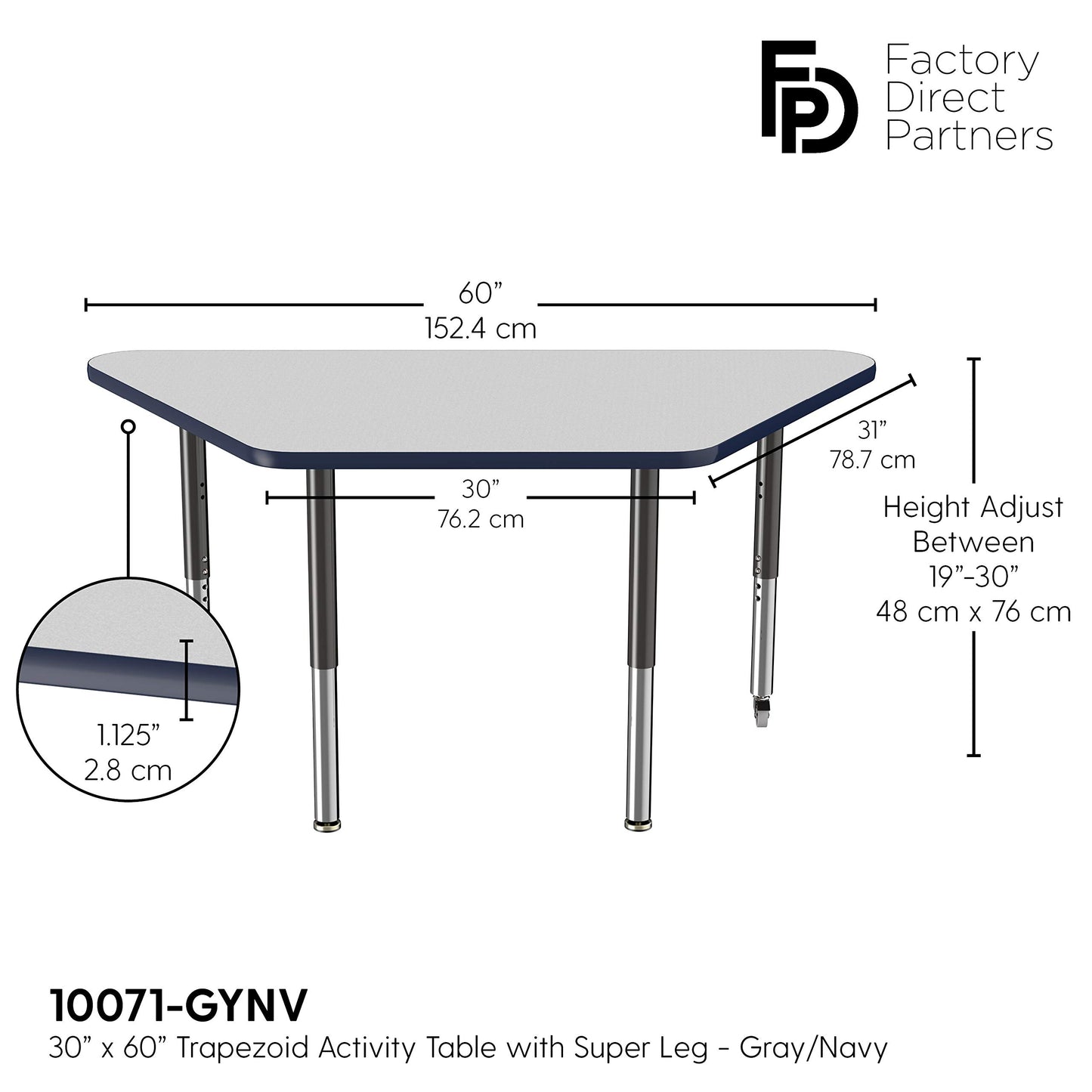 FDP Mobile Trapezoid Activity School and Office Table (30 x 60 inch), Super Legs with Glides and Casters for Collaborative Environments, Adjustable Height 19-30 inches - Gray Top and Navy Edge