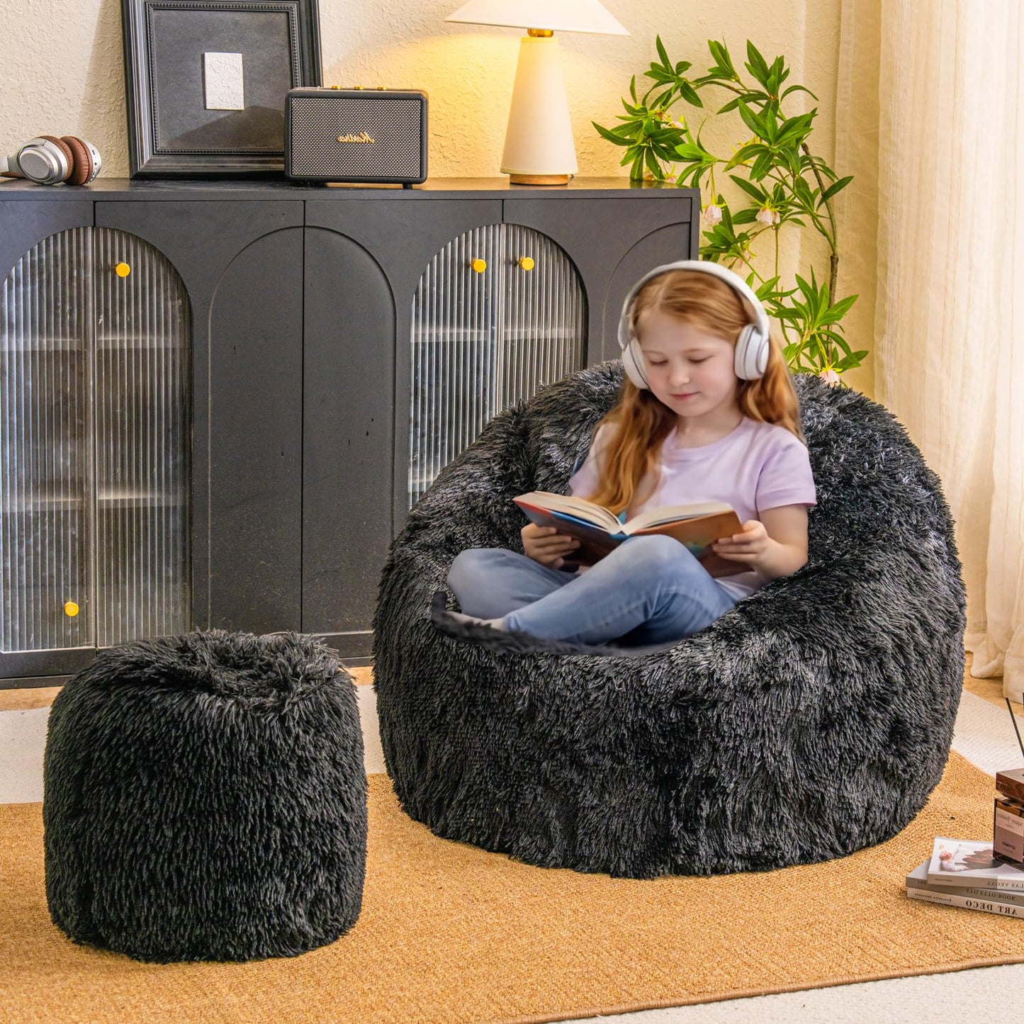 Black fuzzy bean bag chair covers (No Filler), comfy Shaggy Black bean bag chair Cover for bedroom, stuffed animal Storage, kids adults teens girls bean bag chairs, Anti-Slip