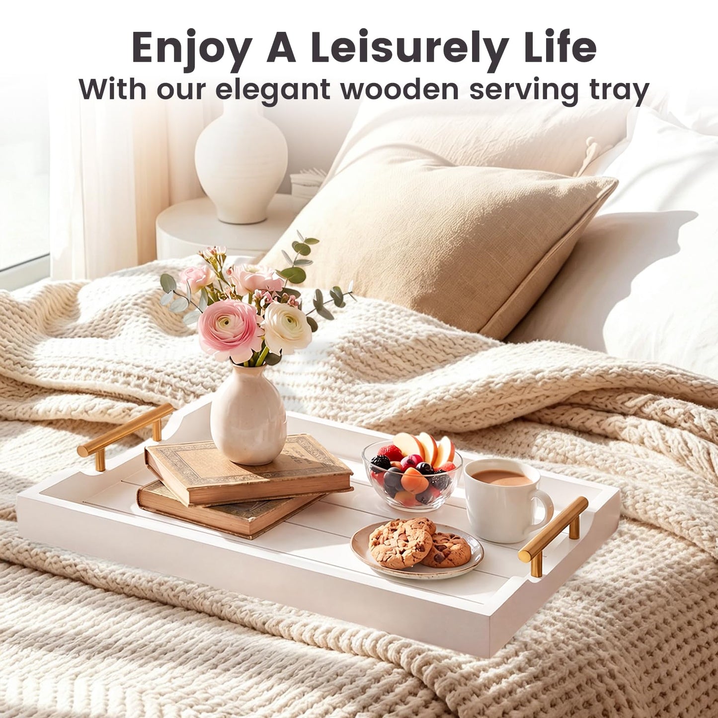 ComfyTune Wood Serving Tray with Metal Handles, 17x13in Large Wooden Tray for Ottoman, Coffee Table, Breakfast, Dinner & Bar, Decorative Tray for Living Room, Bedroom, Bathroom and Kitchen, White