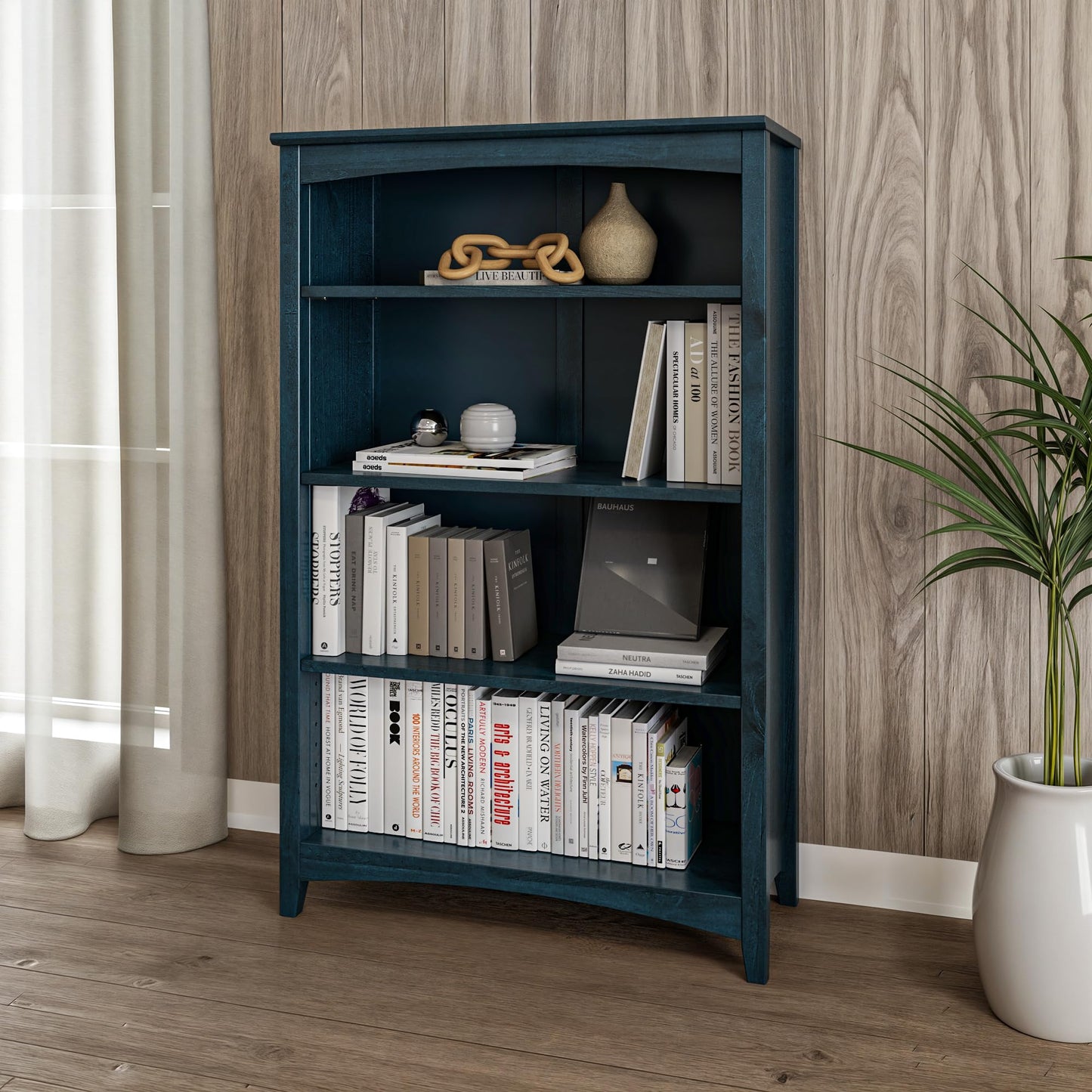 Camaflexi Shaker Style 4 Shelf Bookcase/Solid Wood / 48" High/Adjustable Shelving/Closed Back/Display Bookshelf for Living Room, Bedroom, Home and Office, Deep Ocean Blue