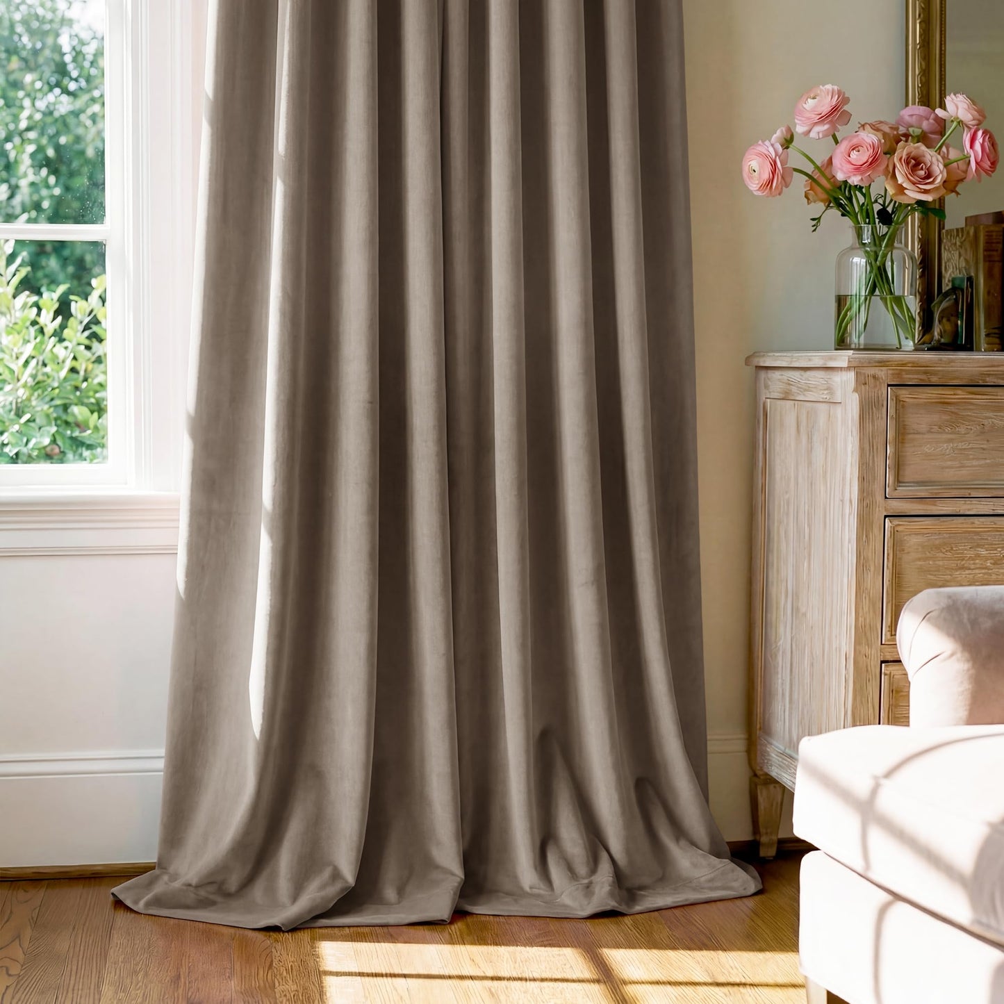 StangH Taupe Velvet Curtains 108 inches - Extra Long Blackout Sliding Door Curtains Thick Texture 100% Privacy Protect for Den Hotel Room Divider Used, Taupe, W52 x L108, 2 Panels