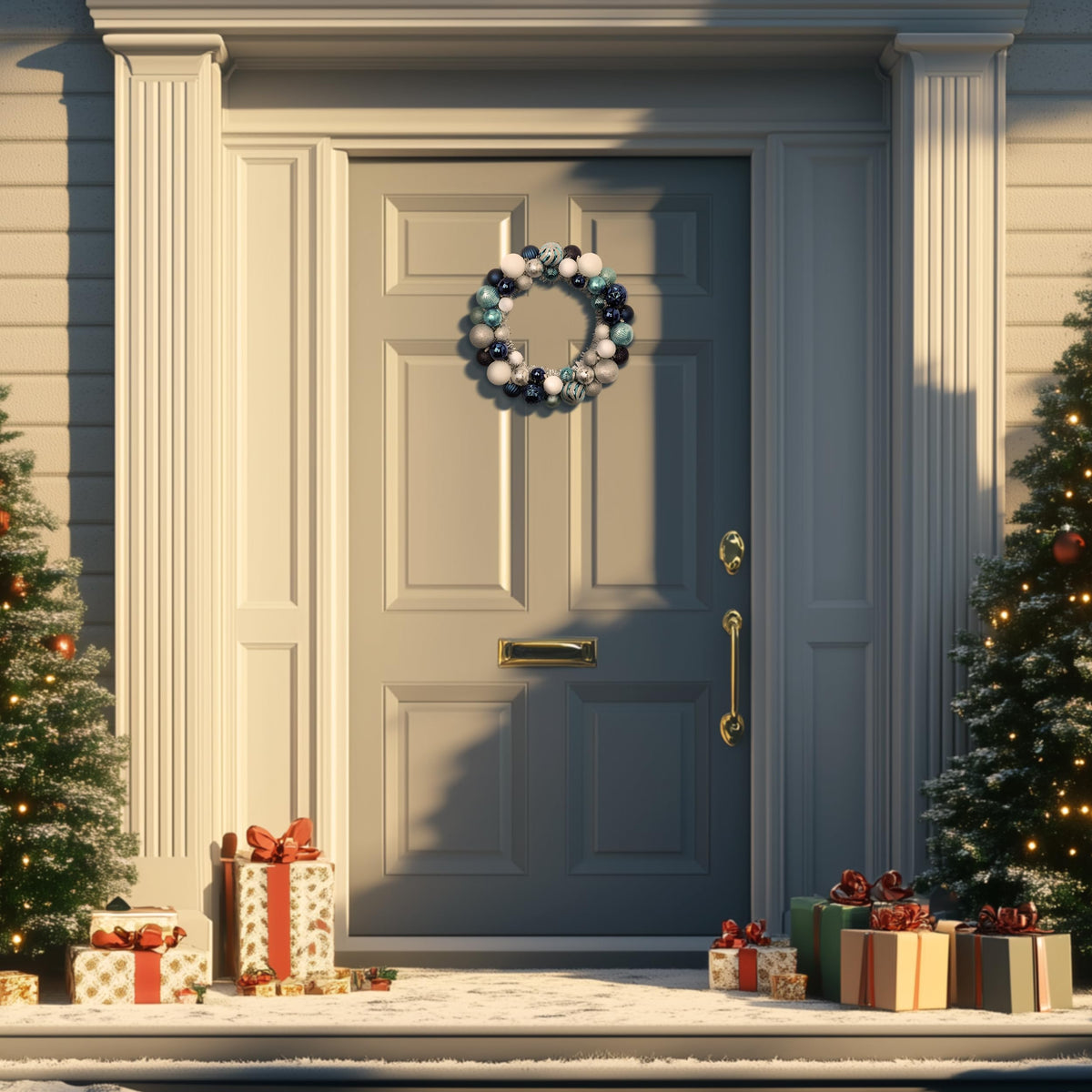 Valery Madelyn Pre-Lit Christmas Ball Wreath for Front Door with Lights, 13'' Lighted Christmas Wreath with Silver Blue Xmas Ball for Fireplace Window Outdoor Table Centerpiece Holiday Home Decoration
