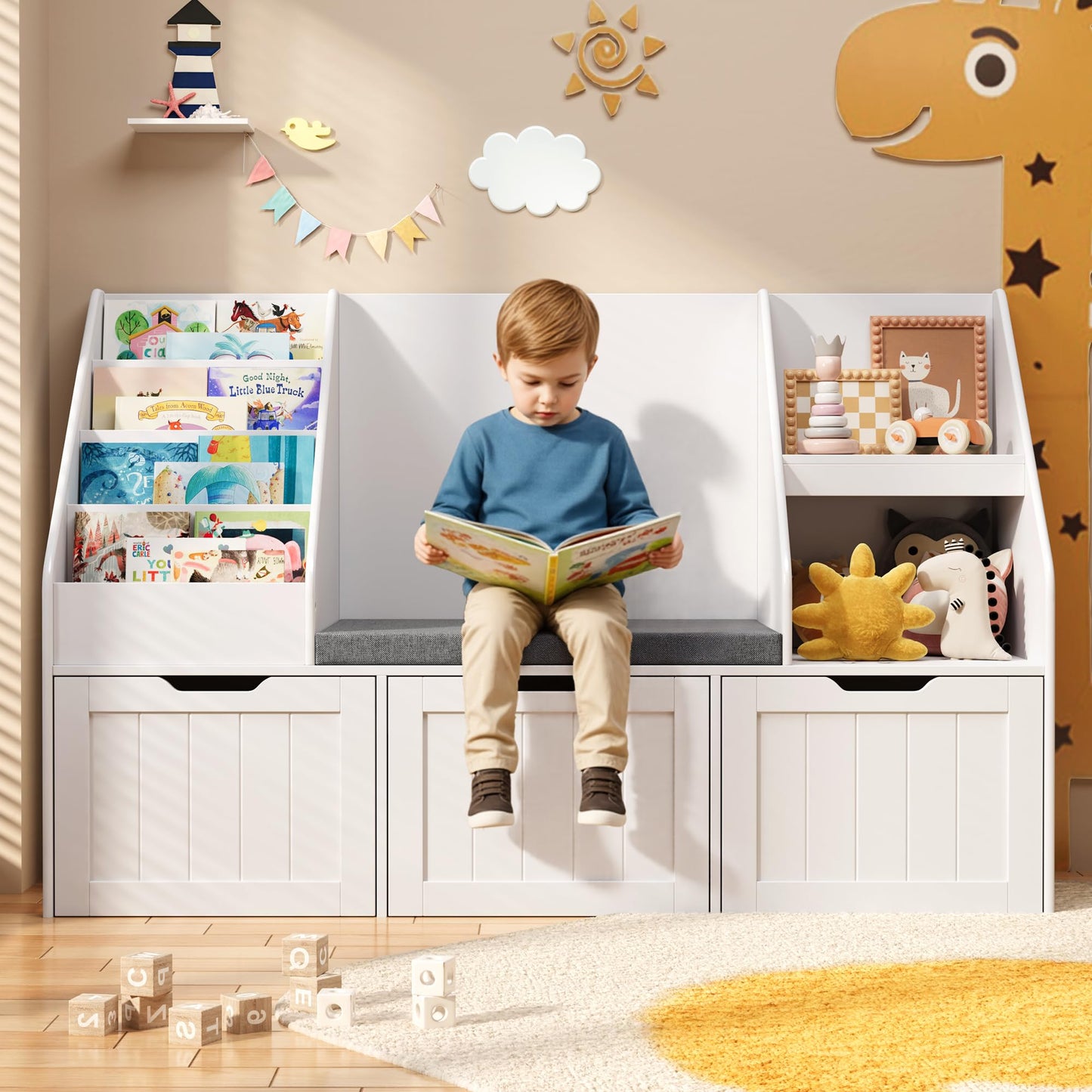 Gizoon Kids Toy Storage Organizer with Reading Nook, Kids Bookshelf with 3 Movable Drawers, Kids Reading Nook with Bench for Kidsroom Playroom and Bedroom, White, Painted