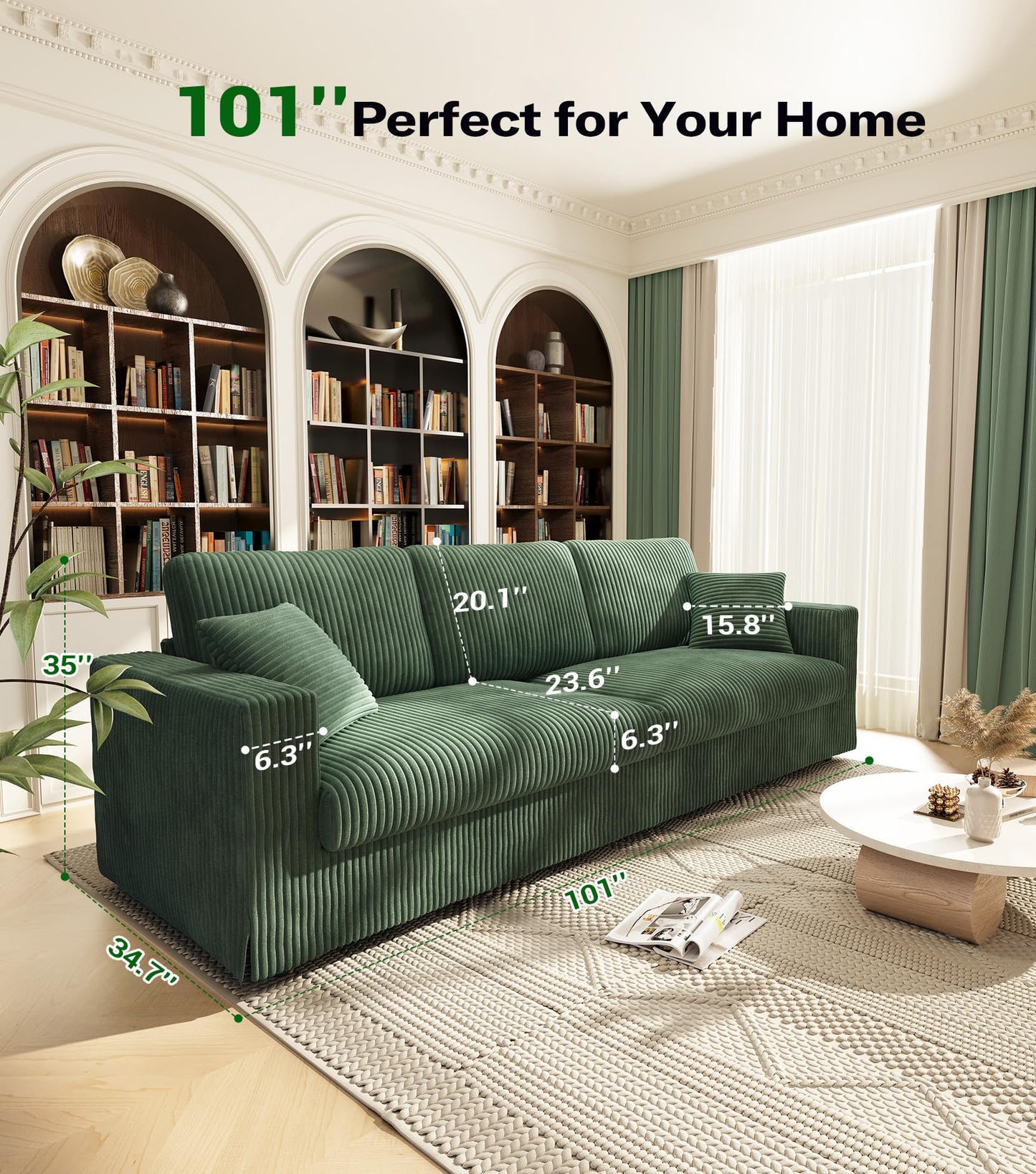 Welzona Plush Corduroy Couch, 101" Comfy Couches for Living Room, Tool-Free Setup Sofas for Living Room 6.3" Extra Wide Armrest, All-Wood Loveseat Sofa Couch for Bedroom/Office, 2 Pillows, Green