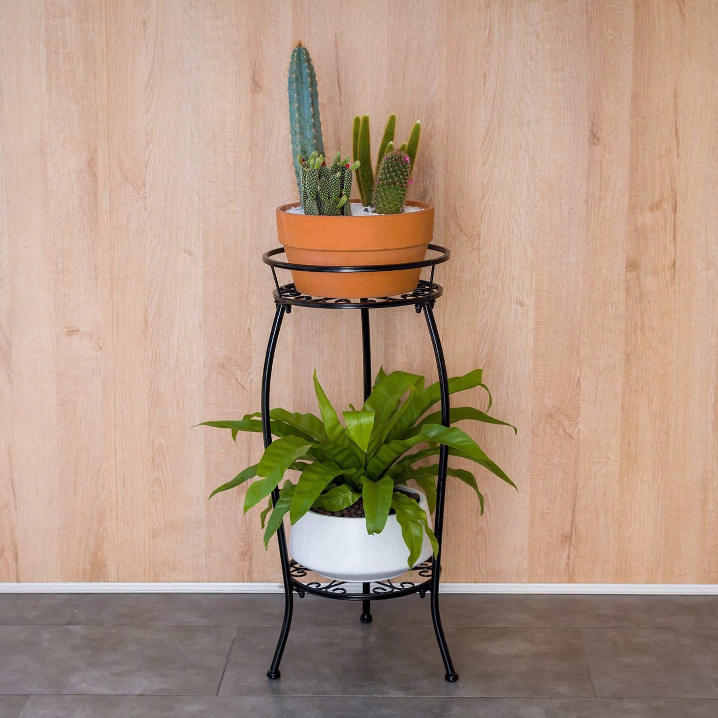 FaithLand 2 Pack Metal Plant Stands, Tall Planter Holder Indoor Outdoor, 2 Tier Round Potted Supports Rack, Corner Display Shelf Black