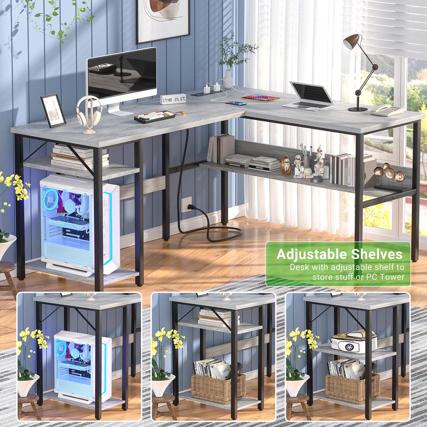 Unikito L Shaped Computer Desk with Magic Power Outlets and USB Charging Ports, Sturdy Reversible Corner Desk with Storage Shelves, Modern Work Desk for Home Office, Easy to Assemble, White Oak