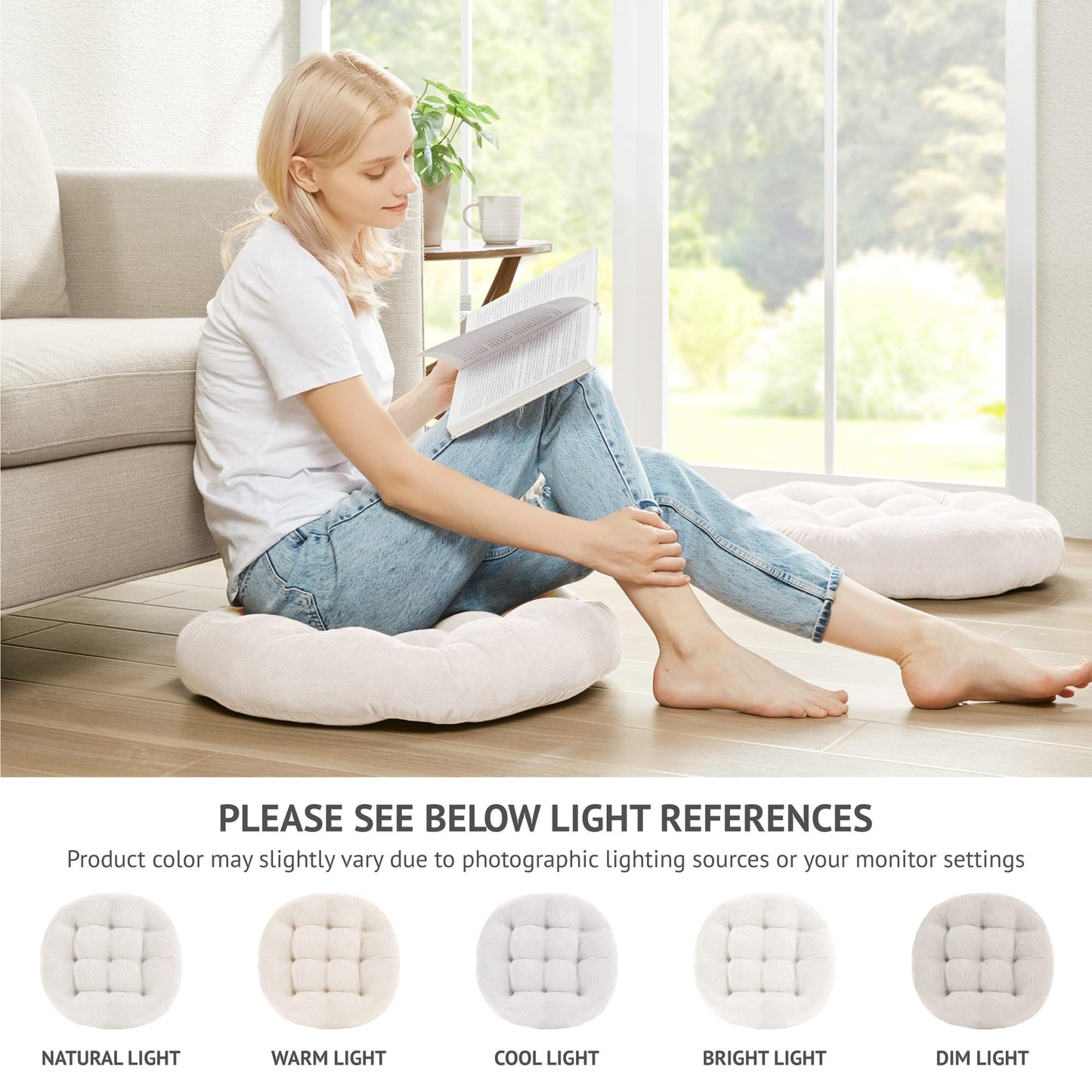 Degrees of Comfort Meditation Floor Pillow, Round Large Pillows Seating for Adults, Tufted Corduroy Cushion for Living Room Tatami, Beige 22 Inch