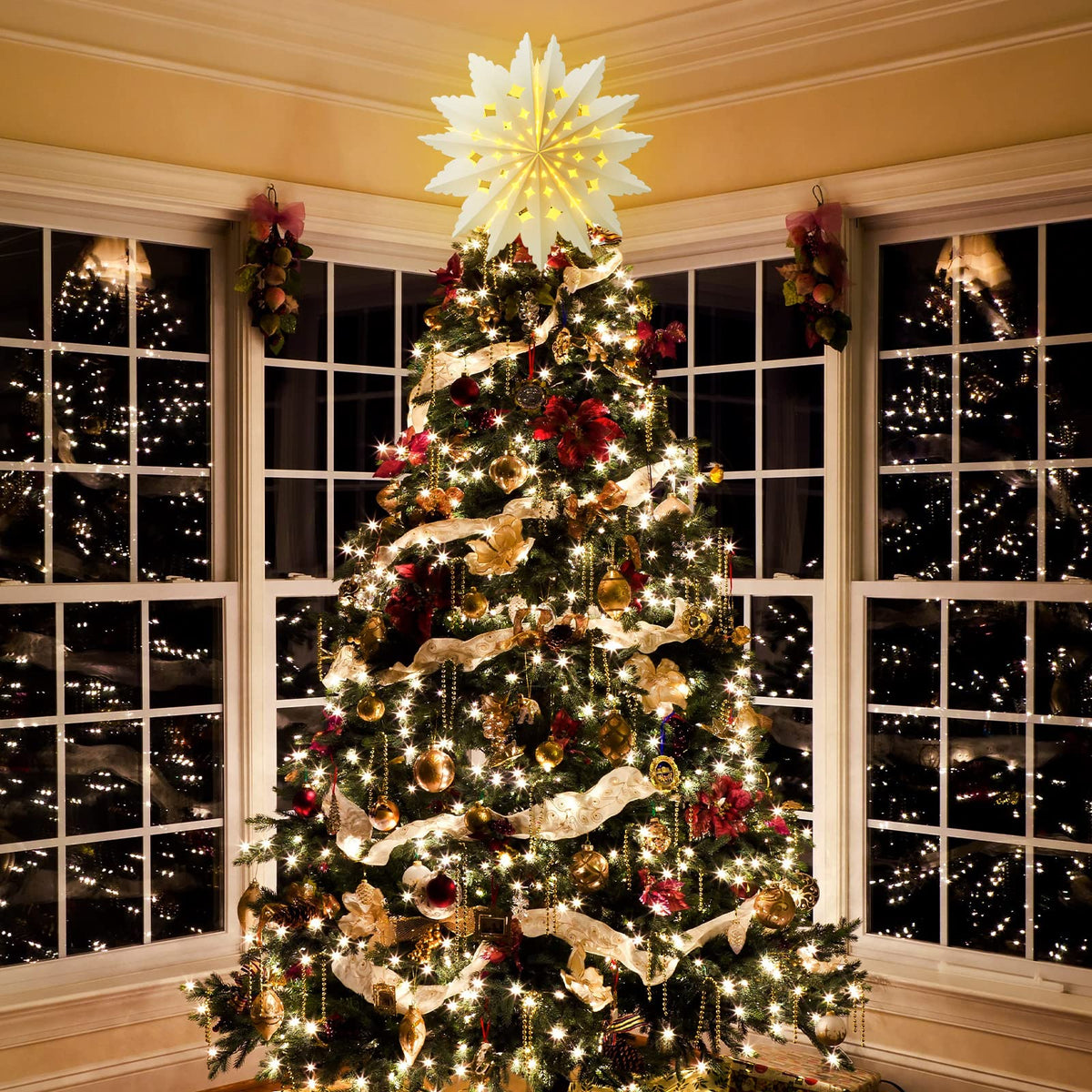 23.6 Inch Christmas Star Snowflake Paper Lantern with Light Timer Paper Lamp Party Supplies Hanging Decoration for Weddings Christmas Trees Birthday Holiday Party Celebration (Elegant Style)