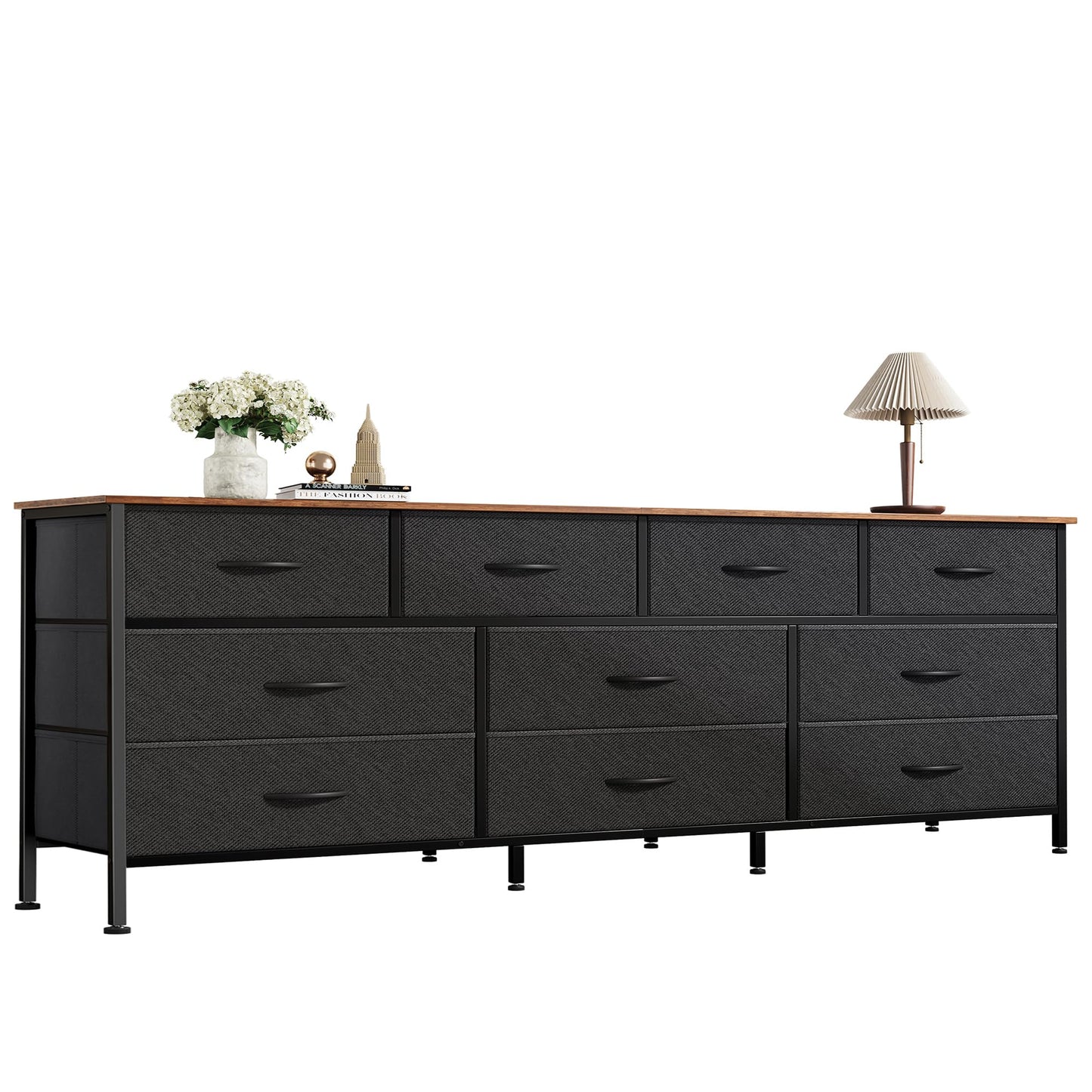 Huuger 63 Inch Dresser for Bedroom, Long Dresser with 10 Fabric Drawers, TV Stand for 55, 65, 70 Inch TV, Toy Storage Organizer for Closet, Rustic Brown and Black