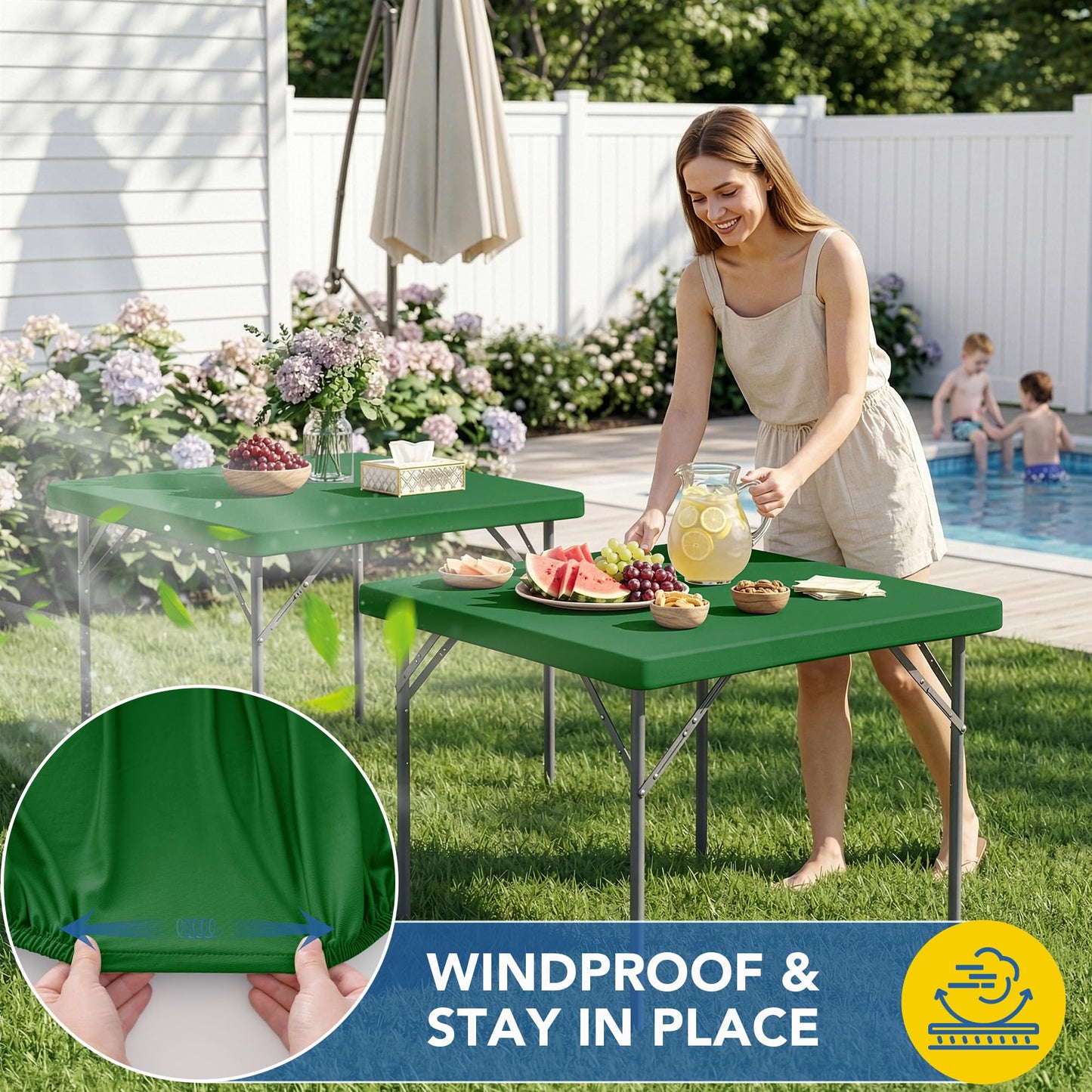 Enjoyidea Square Fitted Tablecloth 34x34 Inch-2 Pack Green Card Elastic Spandex Table Cover-Small Stretch Folding Christmas Table Cloths Topper Cap for Kitchen Dining Picnic Patio Outdoor Party Tables