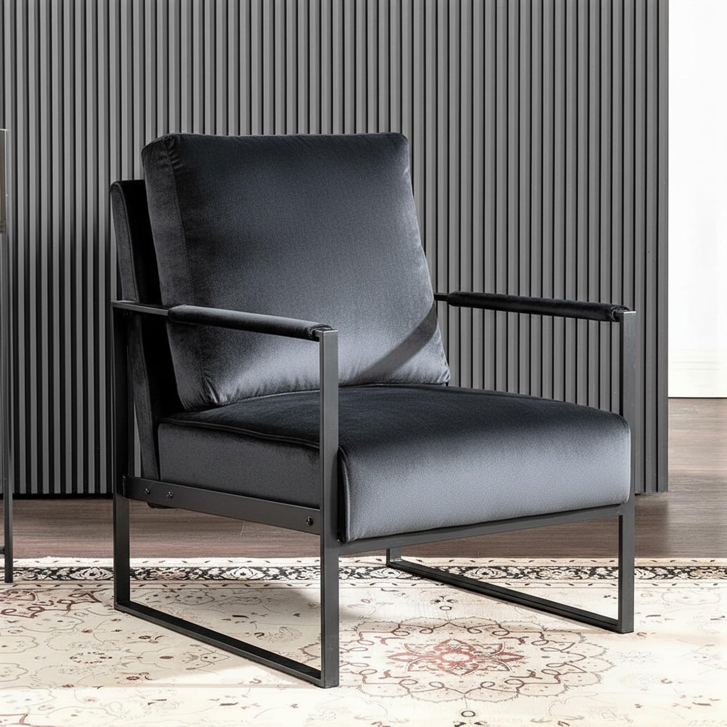 Container Furniture Classic Mid Century Modern Accent Chair with Durable Square Metal Frame, Armchair for Living Room, Bedroom, Home Office in Plush Velvet Upholstery, Black