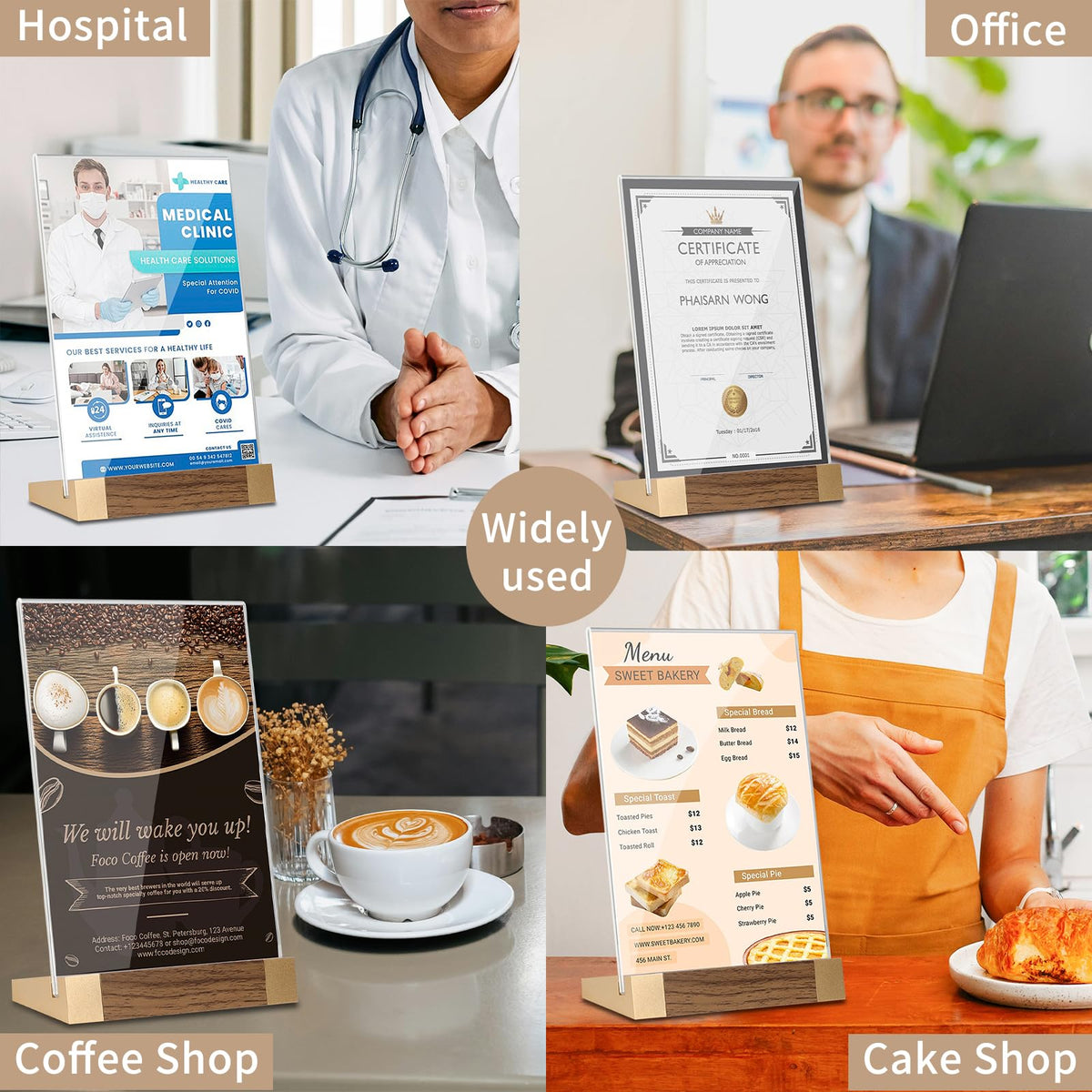 LIANHELILAI Acrylic Sign Holder 8.5 x 11 Inch with Wood-Color Base, Stable Tabletop Display Frame for Menu Flyer Photo, Clear Vertical Stand for Restaurant/Hotel/Office/ Exhibition – Easy Use, 2 Pack
