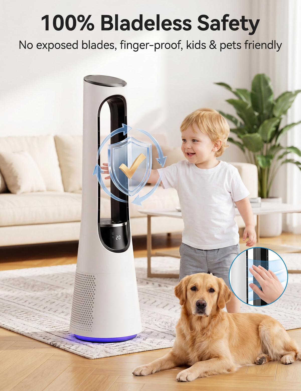 MEPTY 38" Bladeless Tower Fan for Bedroom,Standing Fan with 5-Color LED,120°Adjustable Oscillating,20 Speeds & 4 Modes,Quiet DC Motor,Cooling Fan for Home Office Use