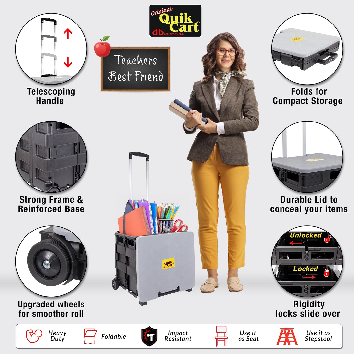 dbest products Quik Cart Collapsible Rolling Crate on Wheels for Teachers Tote Basket 80 lbs Capacity, Made from Heavy Duty Plastic and Used as a Seat, Grey