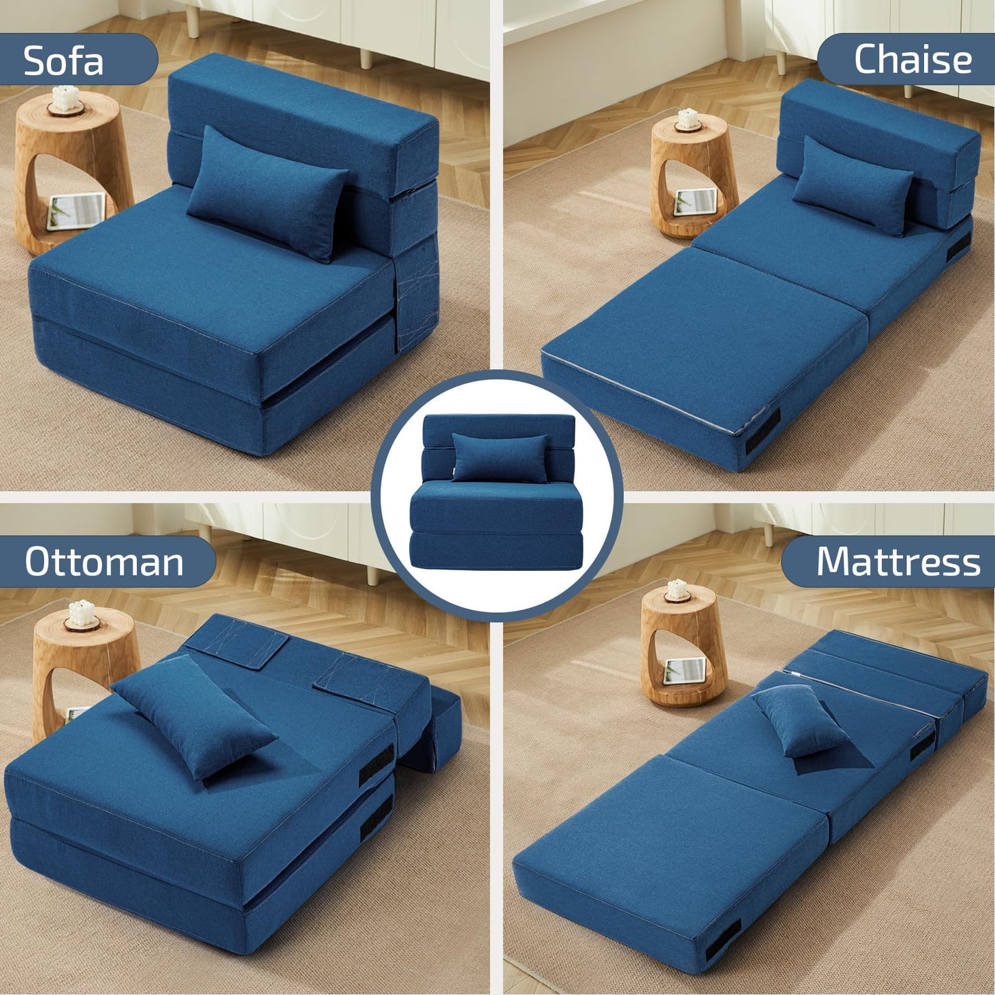 SUYOLS Folding Sofa Bed with Pillow- Convertible Chair Floor Couch & Sleeping Mattress, Foldable Memory Foam Sleeper for Living Room/Dorm/Guest Room/Home Office/Apartment/Loft, Single28,Navy Blue