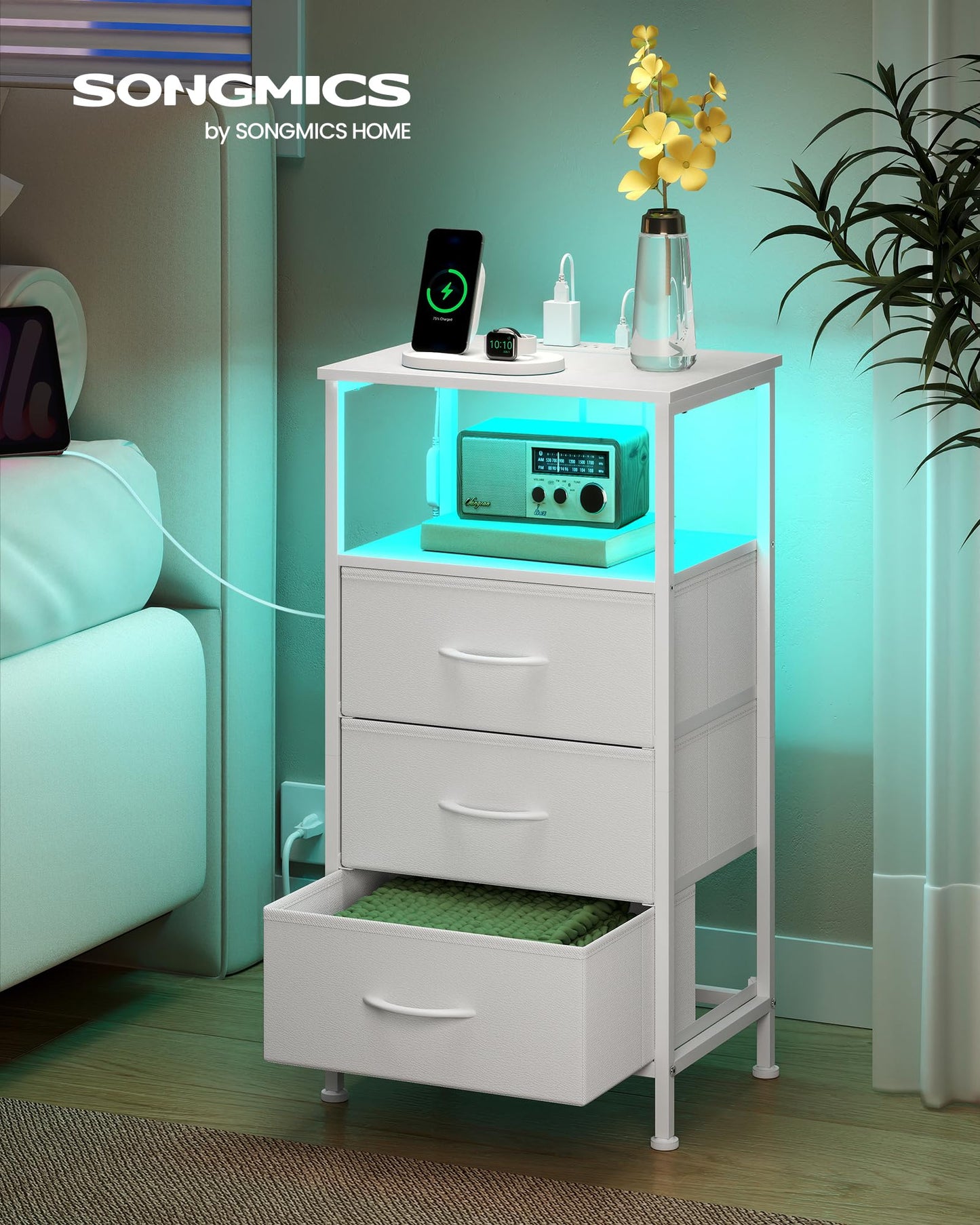 SONGMICS BELLAH Collection - Nightstand with Charging Station and App-Controlled Adjustable LED Lights, Bed Side Table, 3 Drawers and 1 Open Shelf, Modern, Cloud White and Snow White ULGS303WH01S