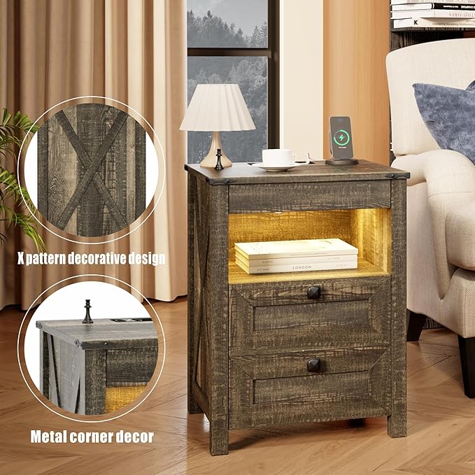 HWB LED Nightstand with Gun Drawer: Bedside Table with Charging Station