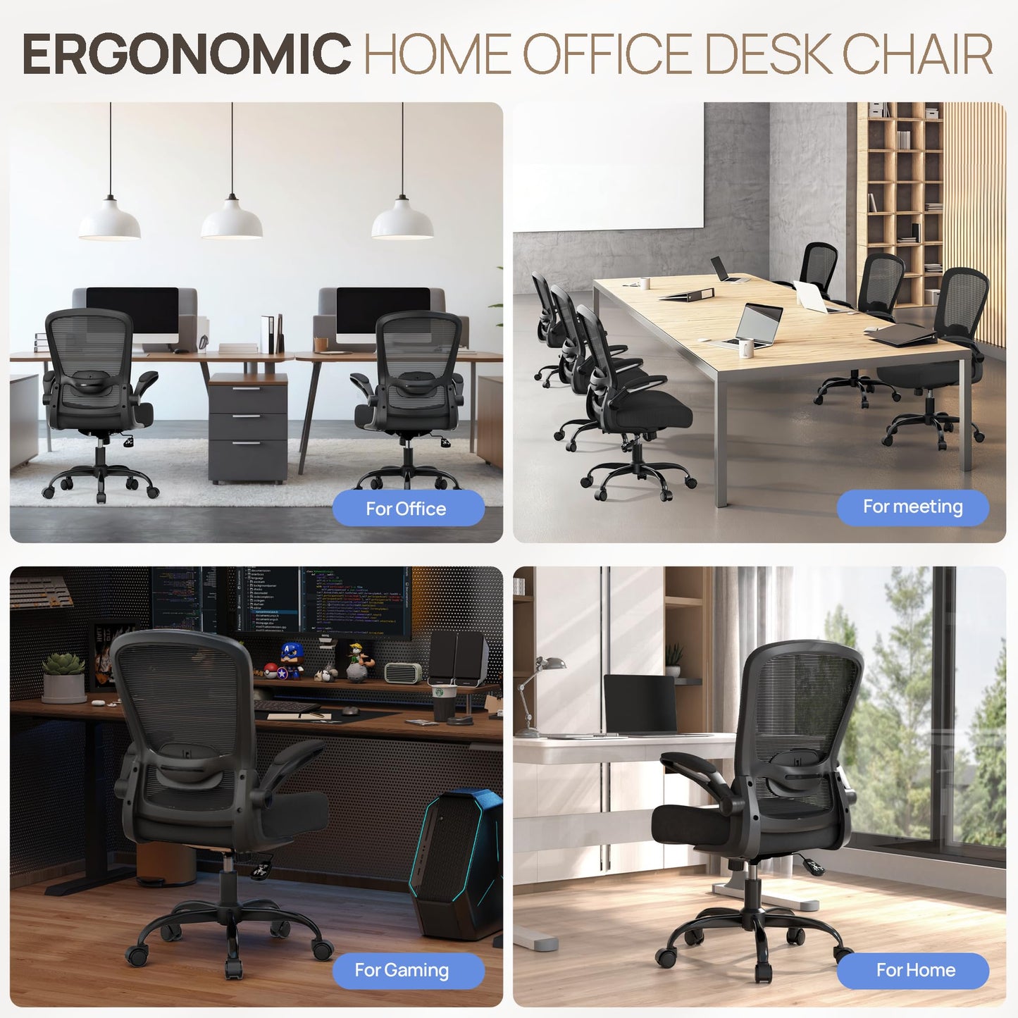 Mimoglad Ergonomic Office Chair - Desk Chair with Flip-up Armrests & 135° Recline, Adjustable Lumbar Support - Space-Saving Task Chair for Business/Team Office & Home (Black, 350lbs)