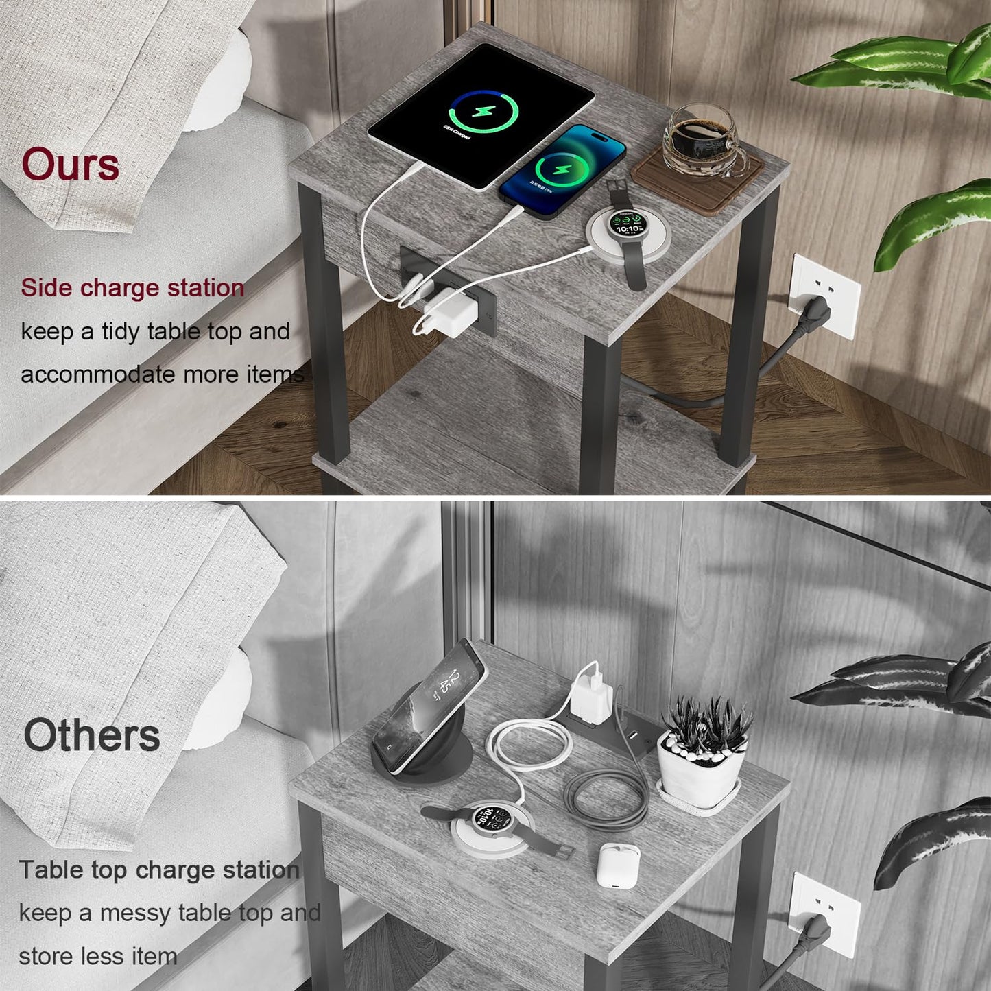 VIMBER Side Table with Charging Station, Set of 2 End Tables with USB Port and Outlets, Nightstands with 2-Tier Storage Shelves, Sofa Table for Small Space, Living Room, Bedroom, Grey 102H2