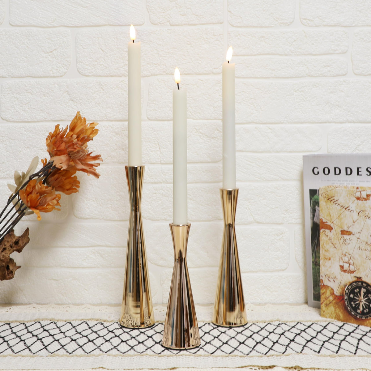 Taper Candle Holders Metal Candlestick Holders Set of 3 Table Mantel Decorative Candle Stand for Dinning,Party，Wedding,Home Decor(Gold)