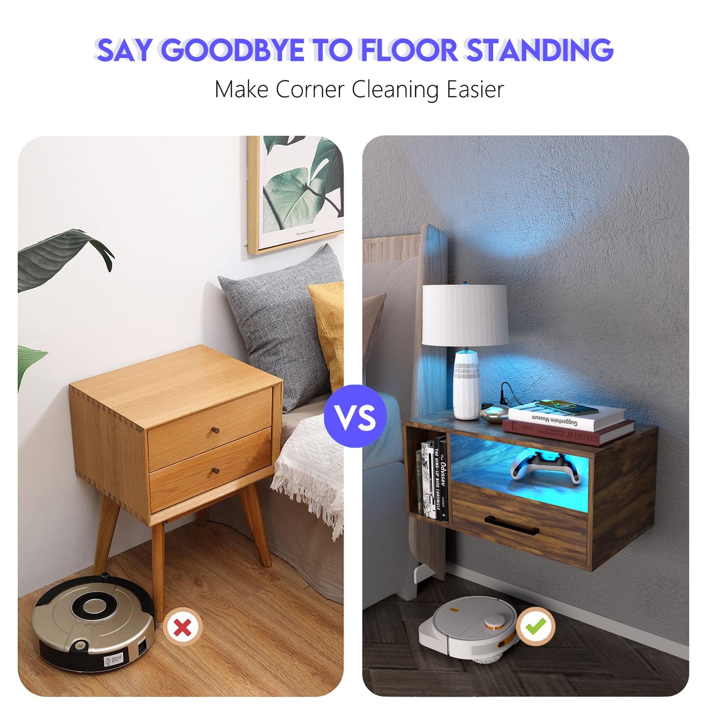 Homaterial Floating Nightstand with Charging Station and LED Lights, Floating Bedside Table with Drawers Wall Mounted Nightstands,for Bedroom Room, 21.3" x 11.8" x 10",Rustic Brown