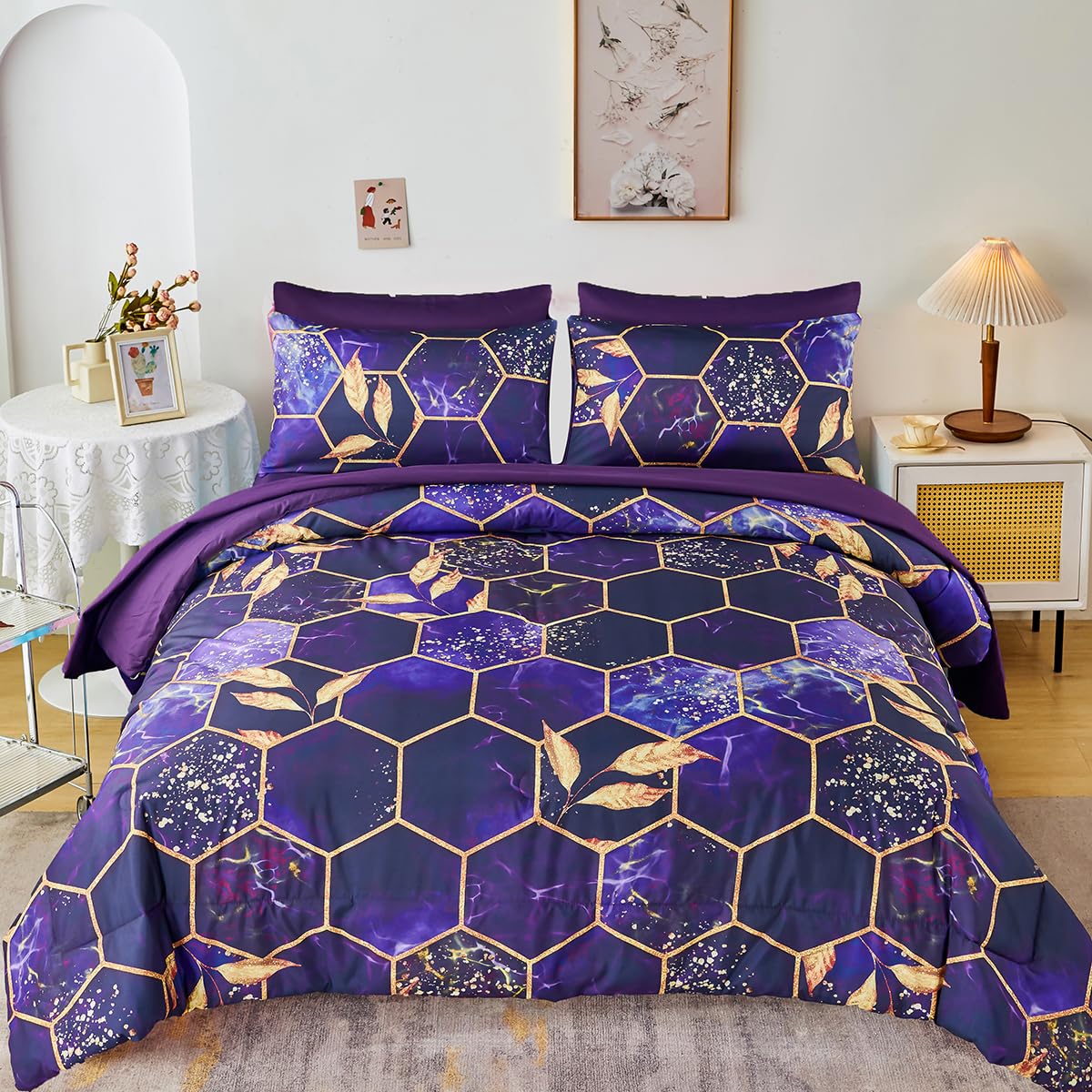ZRNBAST 7 PC Hexagon Purple Queen Bed in A Bag Women Men Honeycomb Geometric Bed Comforter Set Watercolor Print Bedding Set for All Season (Purple, Queen)