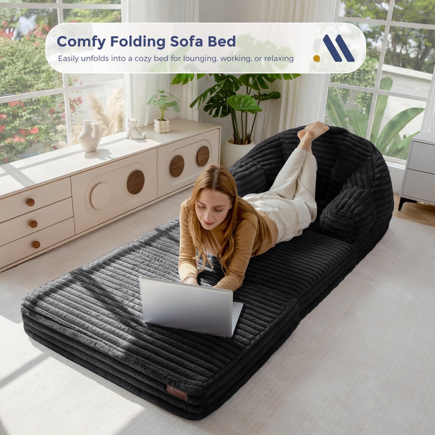 MAXYOYO Folding Sofa Bed, 2 in 1 Convertible Sofa to Lounger Comfy Faux Fur Bean Bag Chair for Adults, Floor Single Couch Chair with Handle, Couch Bed for Living Room Bedroom, Black