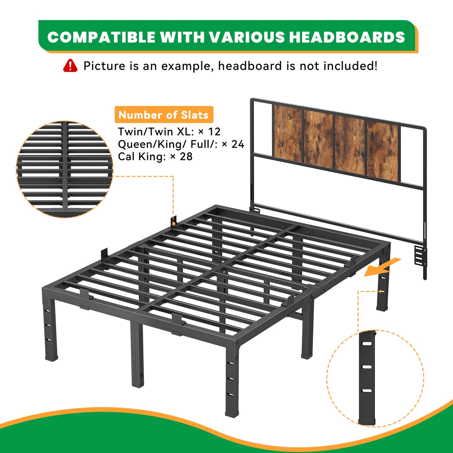 Anyroom 14 Inch Full Size Bed Frames, Heavy Duty Metal Platform 3500 lbs Capacity, No Box Spring Needed, 6 Mattress Slide Stopper, Headboard Holes, Noise-Free, Easy Assembly