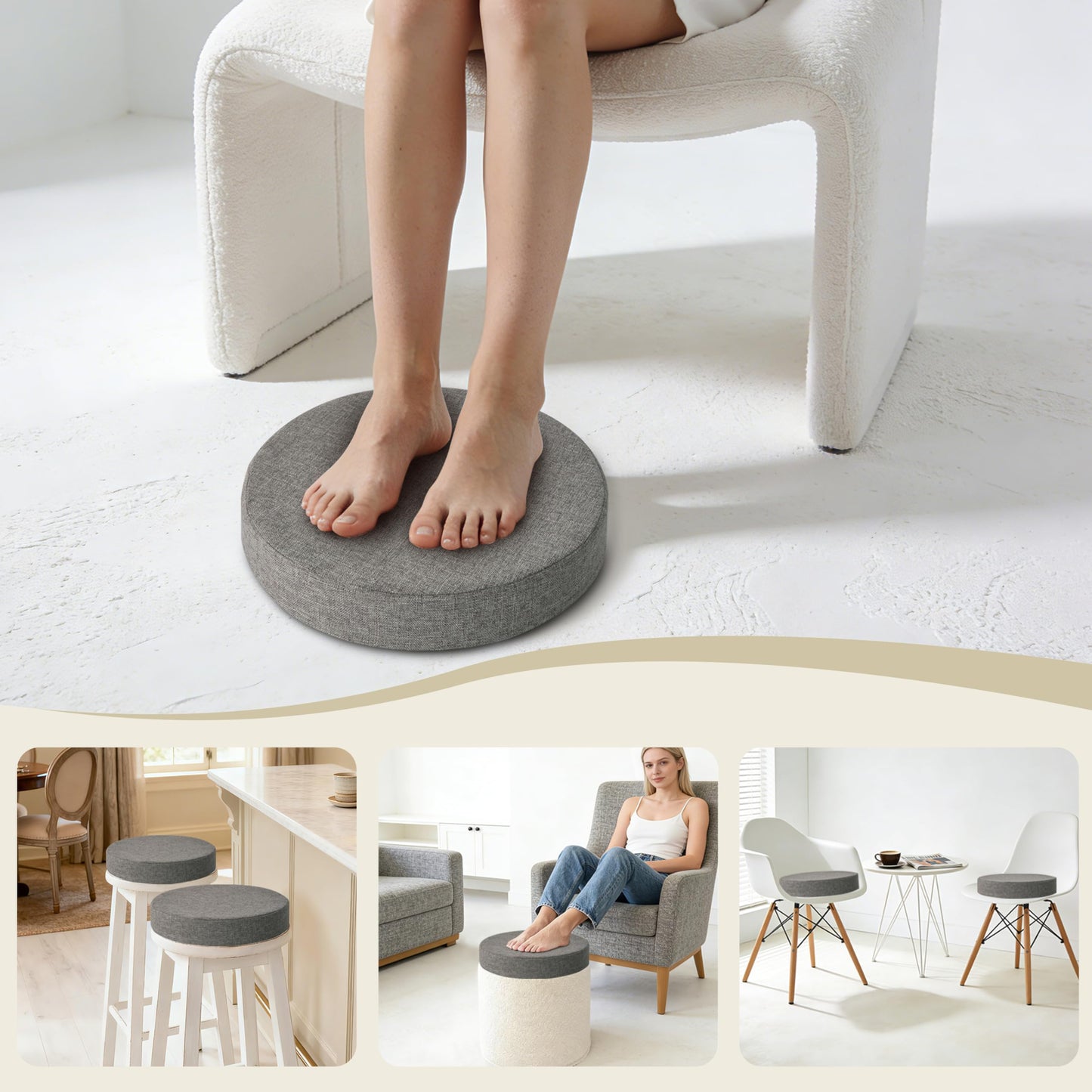 AddGrace 2.5" Thick Non Slip Round Chair Pad 1 Pack, 16" Round Chair Cushion with Machine-Washable Cover and Long Zipper, Seat Cushions for Kitchen, Office, Floor and 16" Ottoman, Light Grey